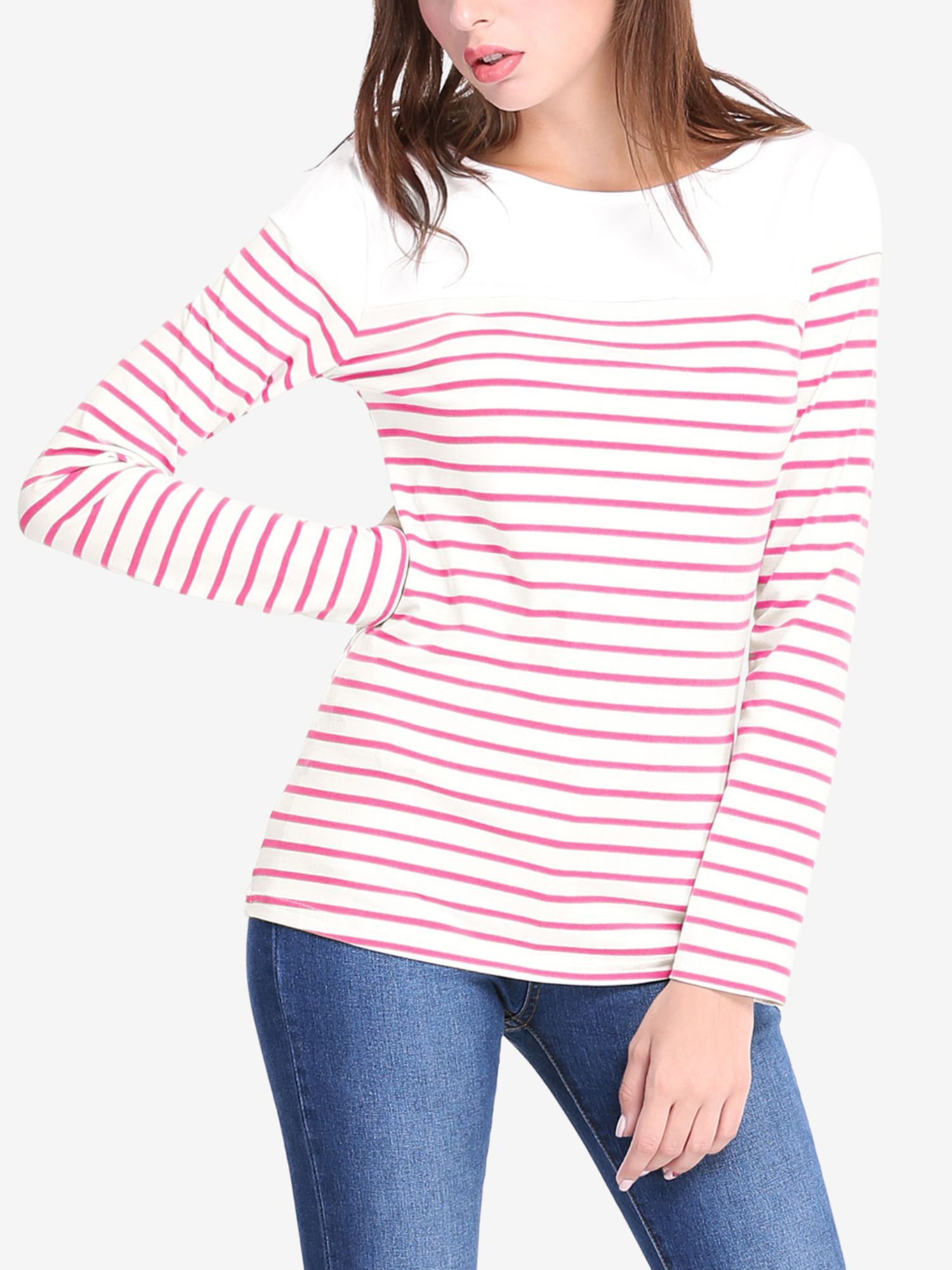 Color Block Long Sleeve Round Neck Striped T-Shirt Light Pink/XS