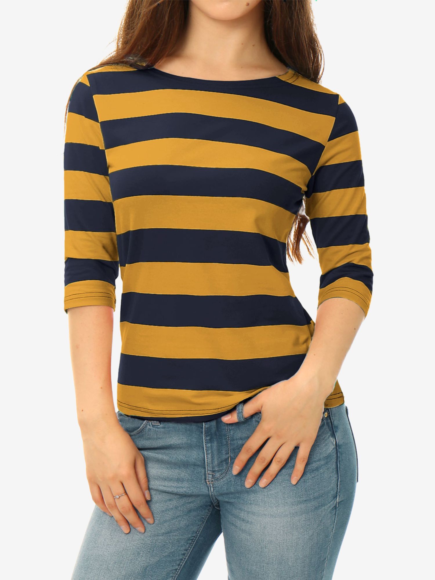 Striped 3/4 Sleeve Casual Basic Boat Neck T-shirt Mustard Navy/L