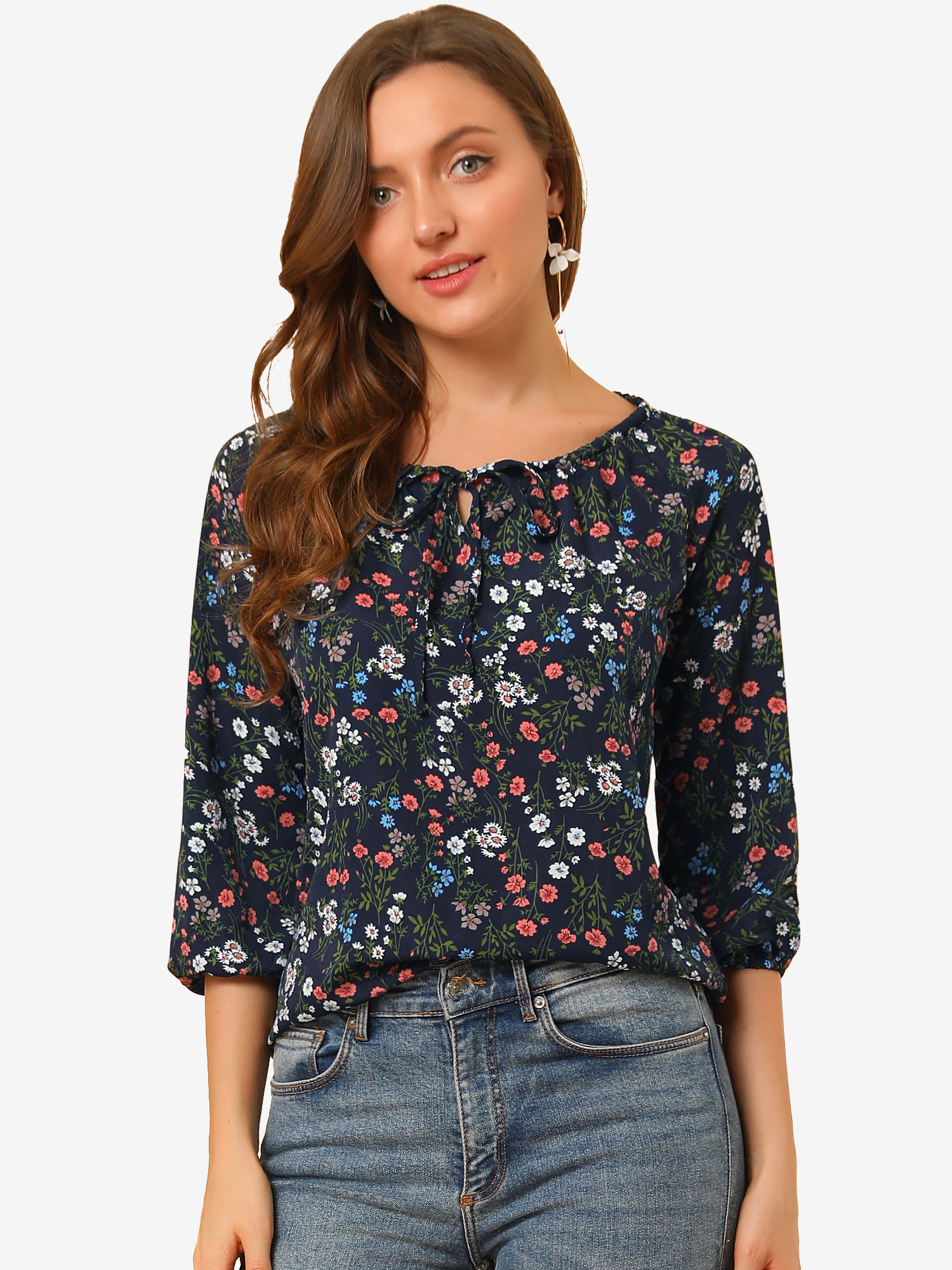 Bow Tie Neck 3/4 Raglan Sleeve Floral Blouse Tops Dark Blue/XL