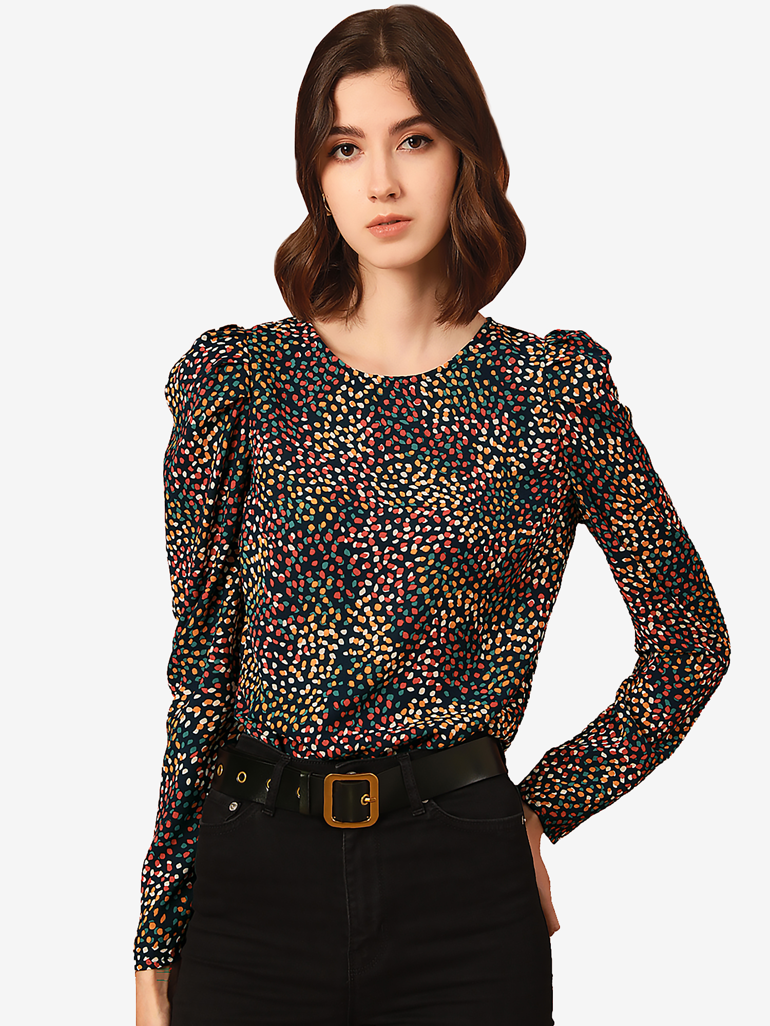 Retro Puff Long Sleeve Round Neck Puffy Chiffon Blouse Tops MultiColor/S