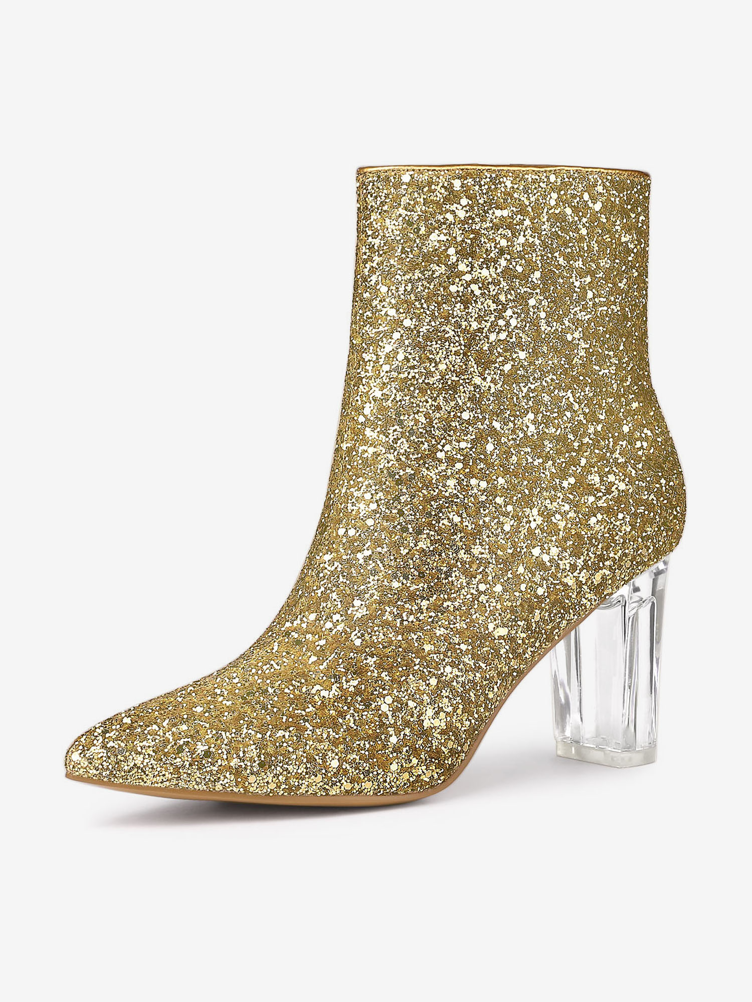 Pointed Toe Clear Block Heel Glitter Ankle Boots Gold/6.5