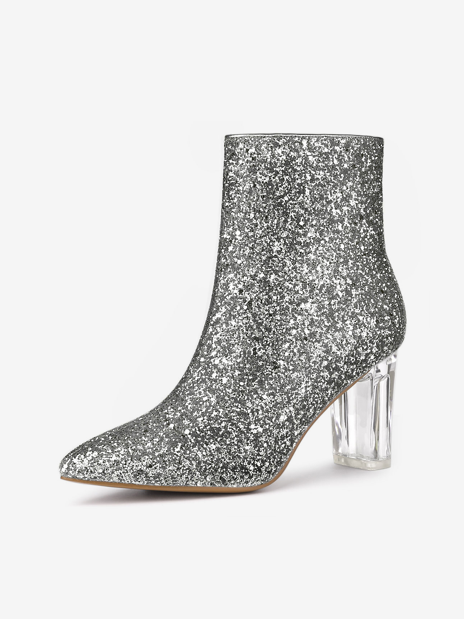 Pointed Toe Clear Block Heel Glitter Ankle Boots Silver/5.5