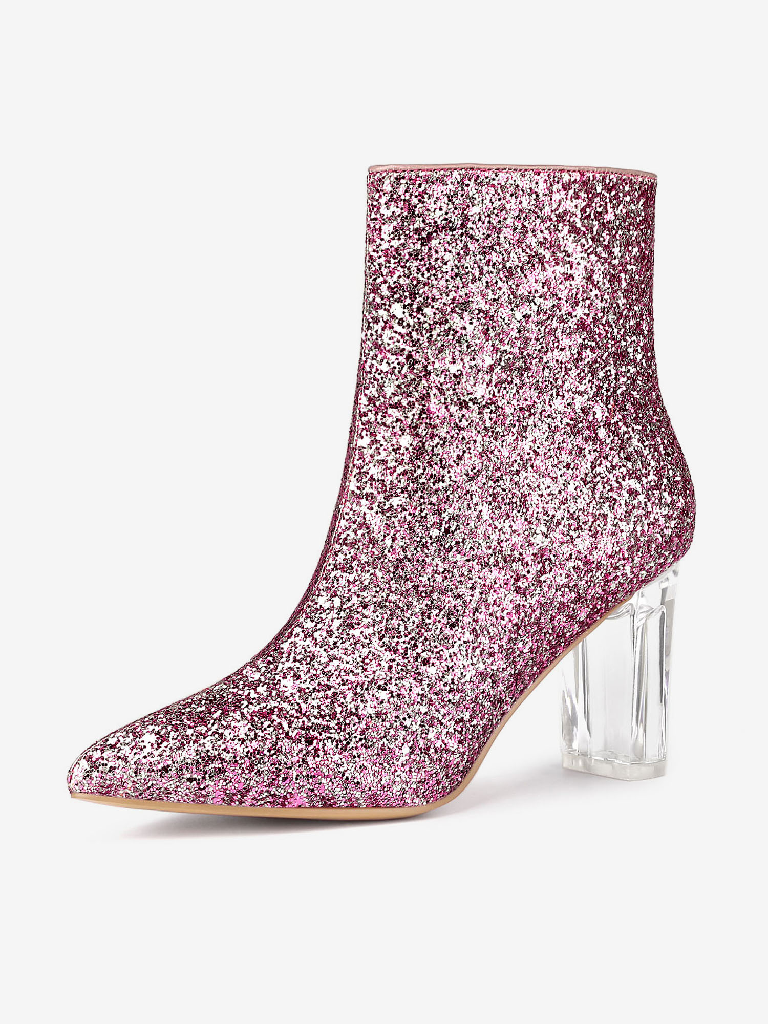 Pointed Toe Clear Block Heel Glitter Ankle Boots Pink/9.5