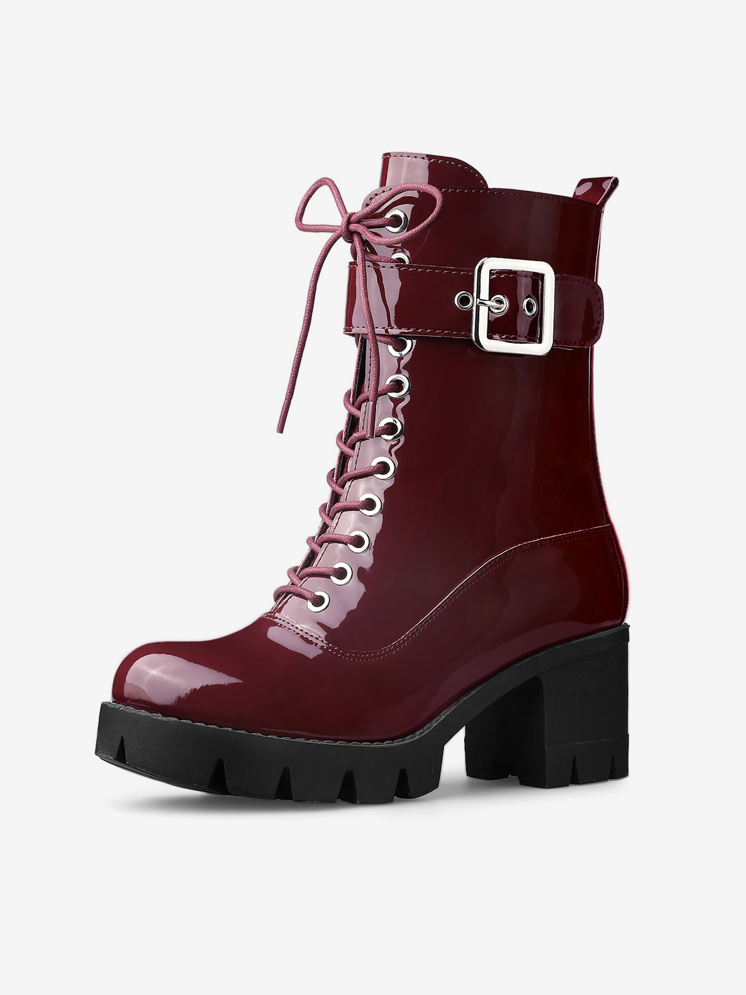 Zip Platform Chunky Heel Combat Boots Burgundy/6