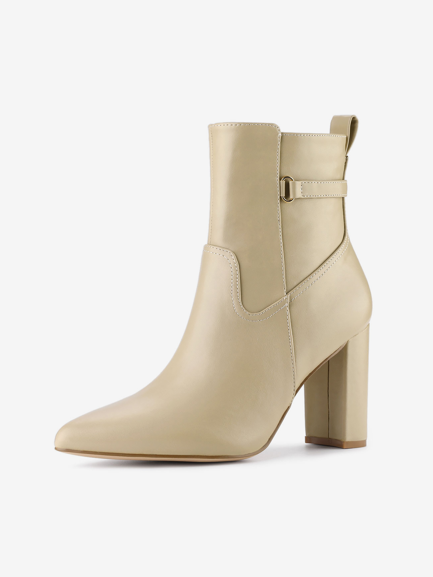 Belt Decor Zipper Pointed Toe Chunky High Heel Ankle Boots Beige/9