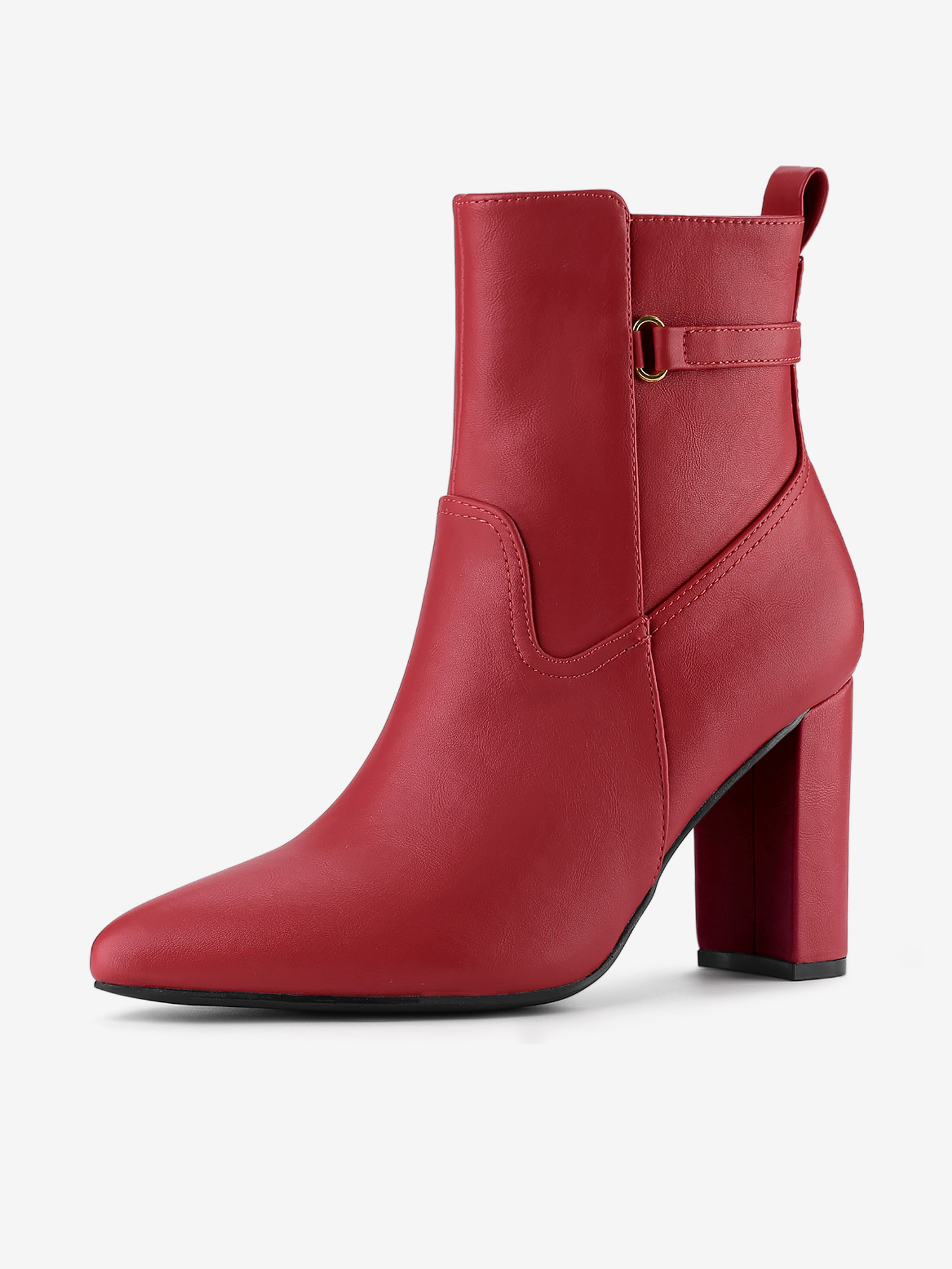 Belt Decor Zipper Pointed Toe Chunky High Heel Ankle Boots Red/6