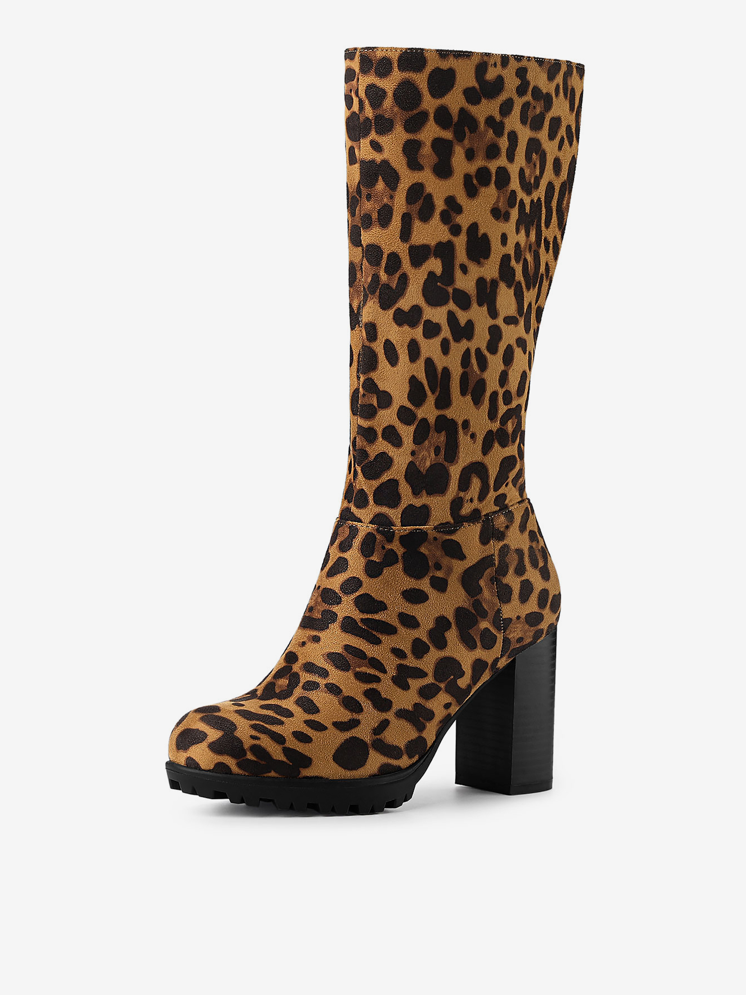 Faux Suede Mid Calf Block Heel Side Zipper Mid-Calf Boots Leopard/6