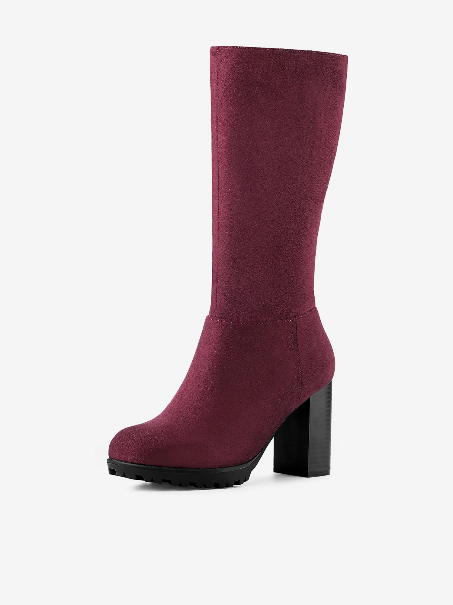 Faux Suede Mid Calf Block Heel Side Zipper Mid-Calf Boots Burgundy/9