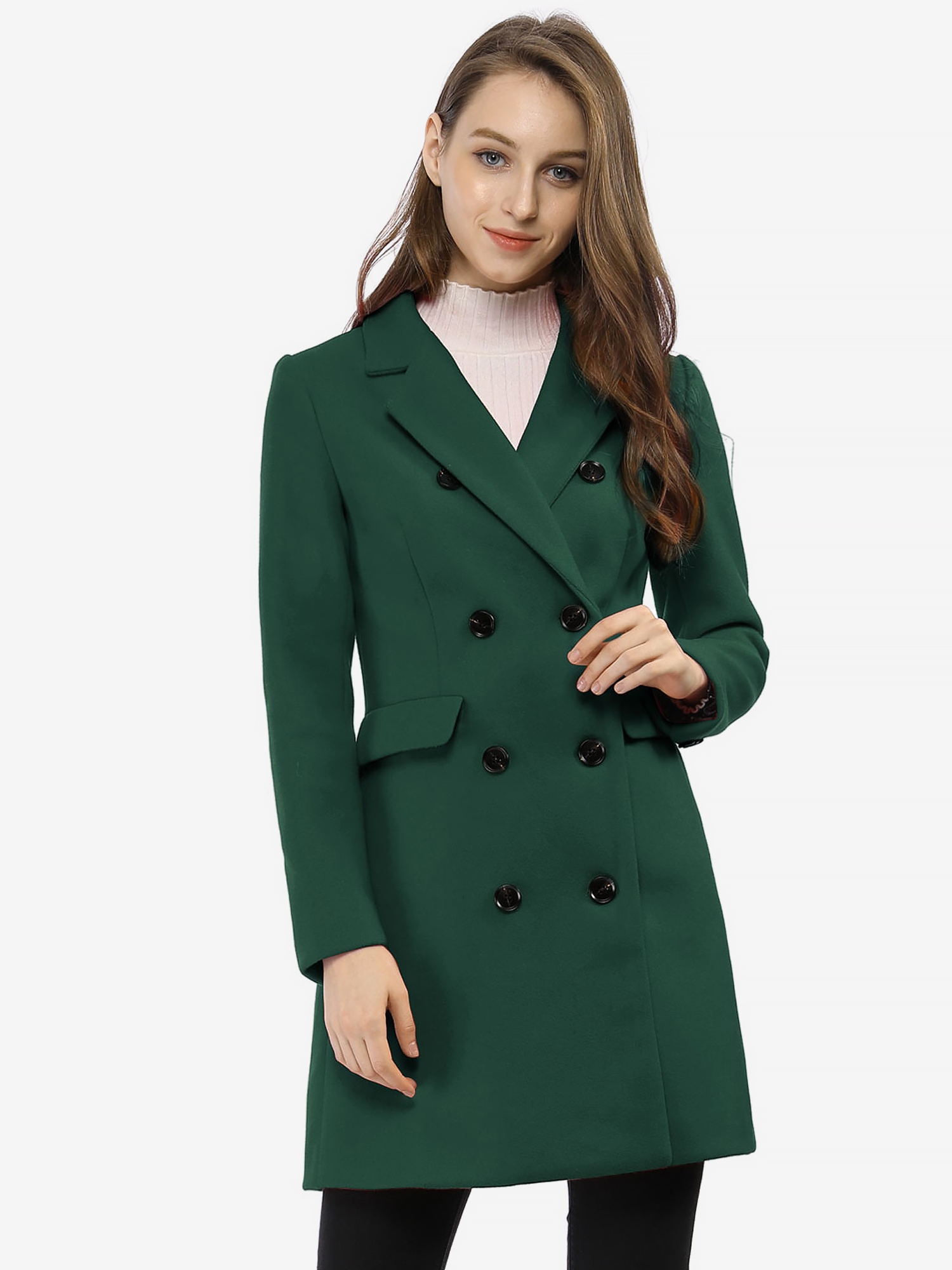 Winter Long Sleeve Notched Lapel Double Breasted Trench Coat Green/L