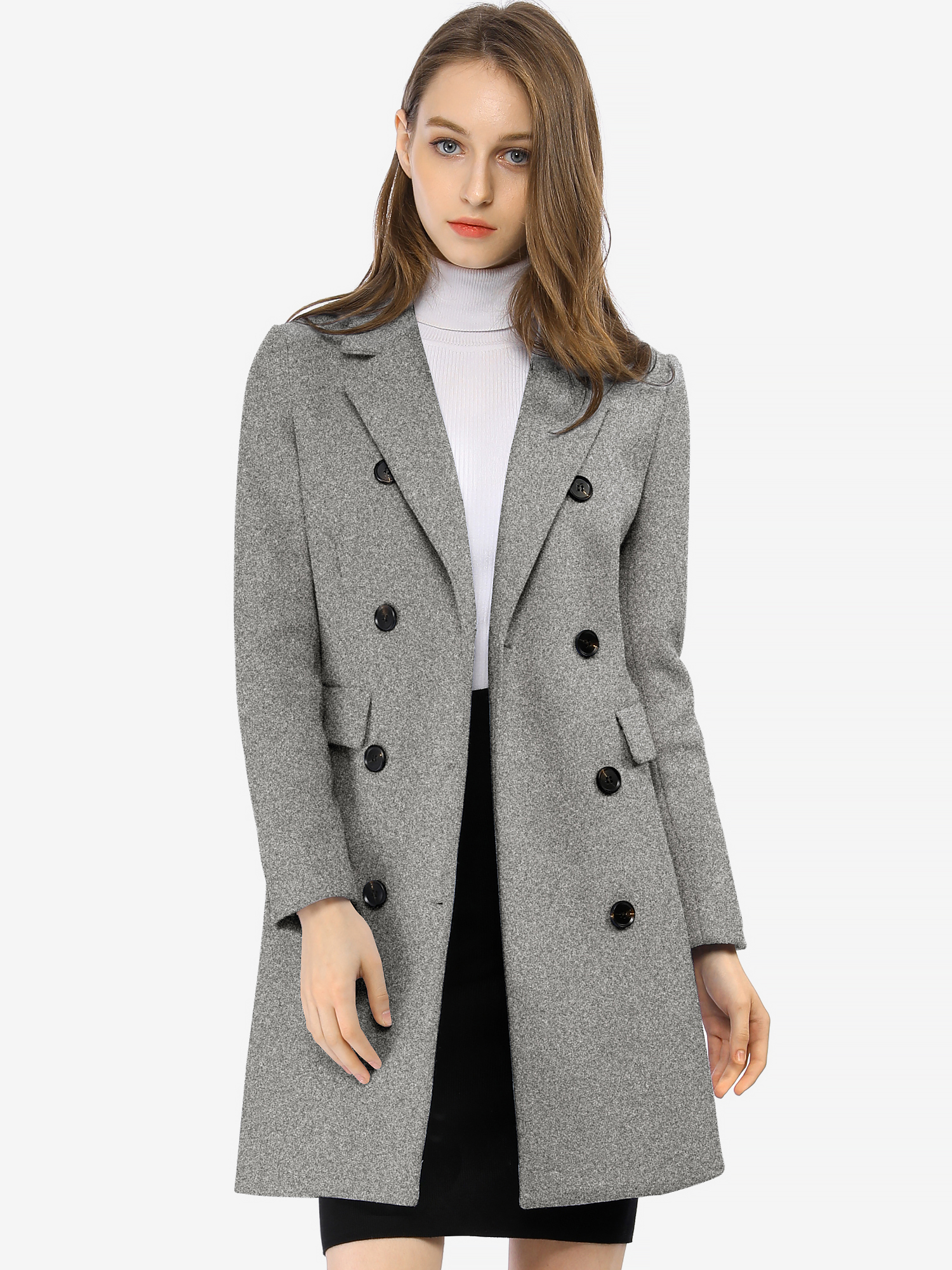 Winter Long Sleeve Notched Lapel Double Breasted Trench Coat Grey/L