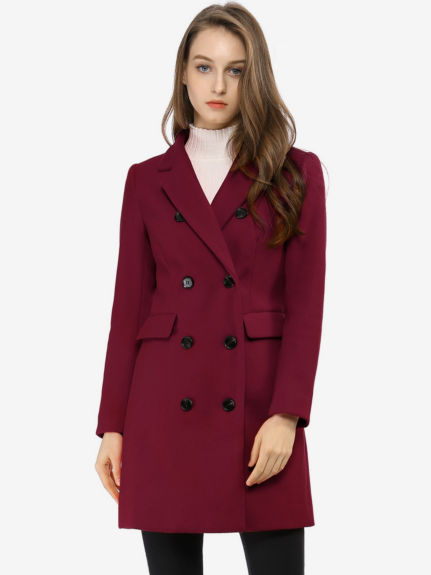Winter Long Sleeve Notched Lapel Double Breasted Trench Coat Burgundy/XS