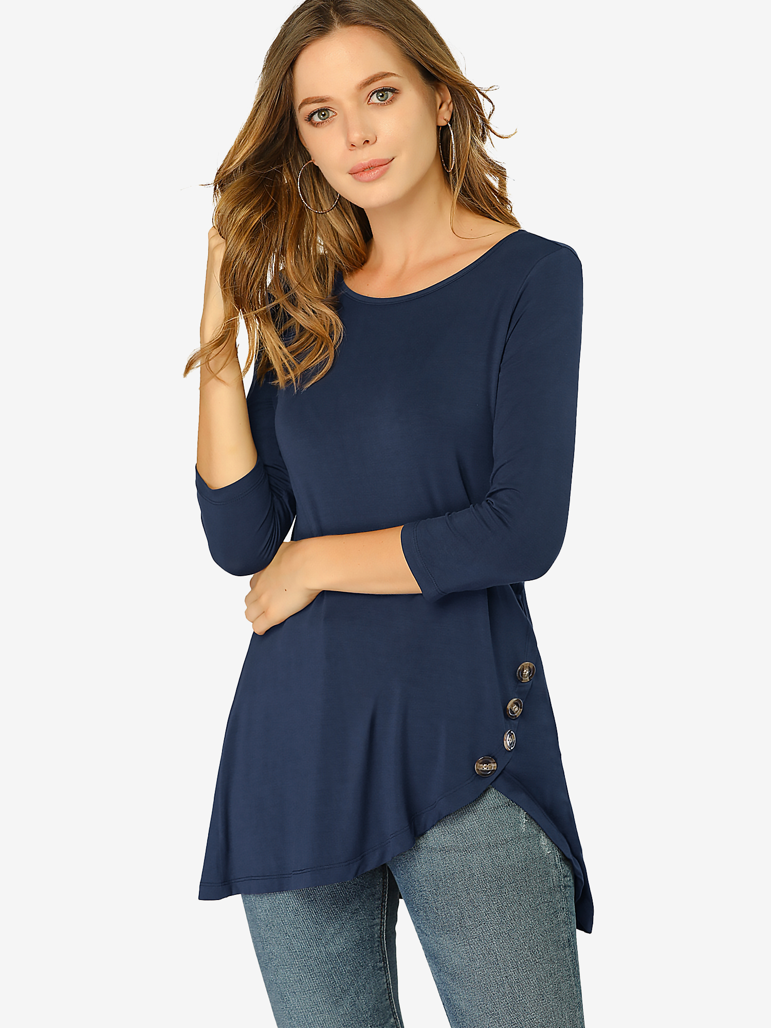 3/4 Sleeve Round Neck Button Decor Casual Stretchy Tunic Tops Dark Blue/L