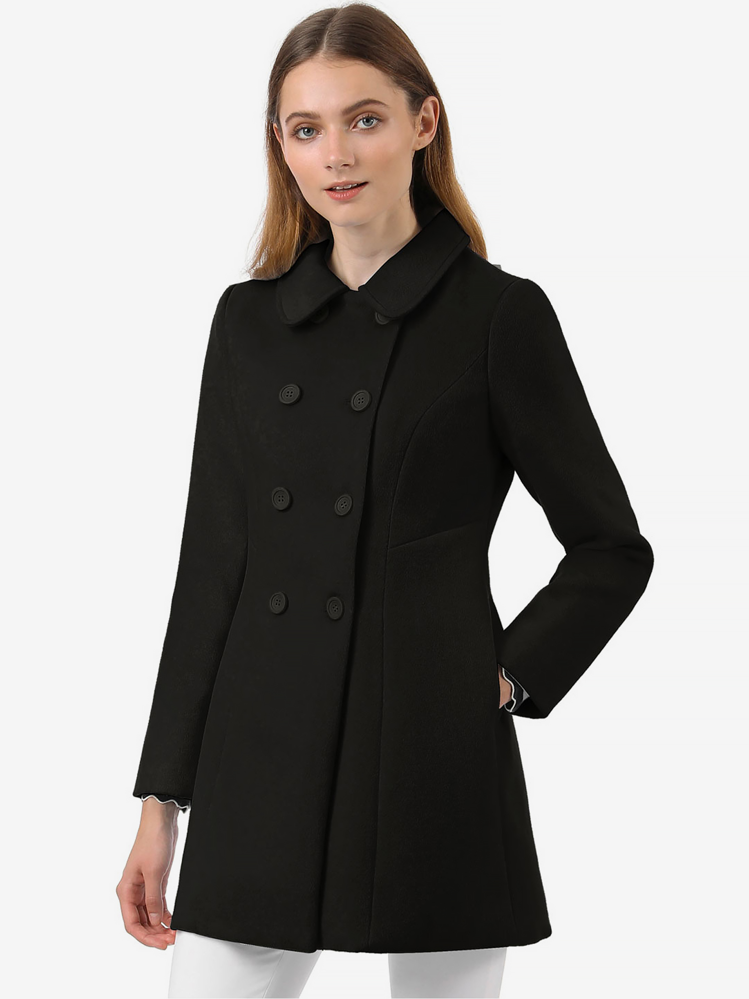 Peter Pan Collar Double Breasted Long Trench Pea Coat Black/L