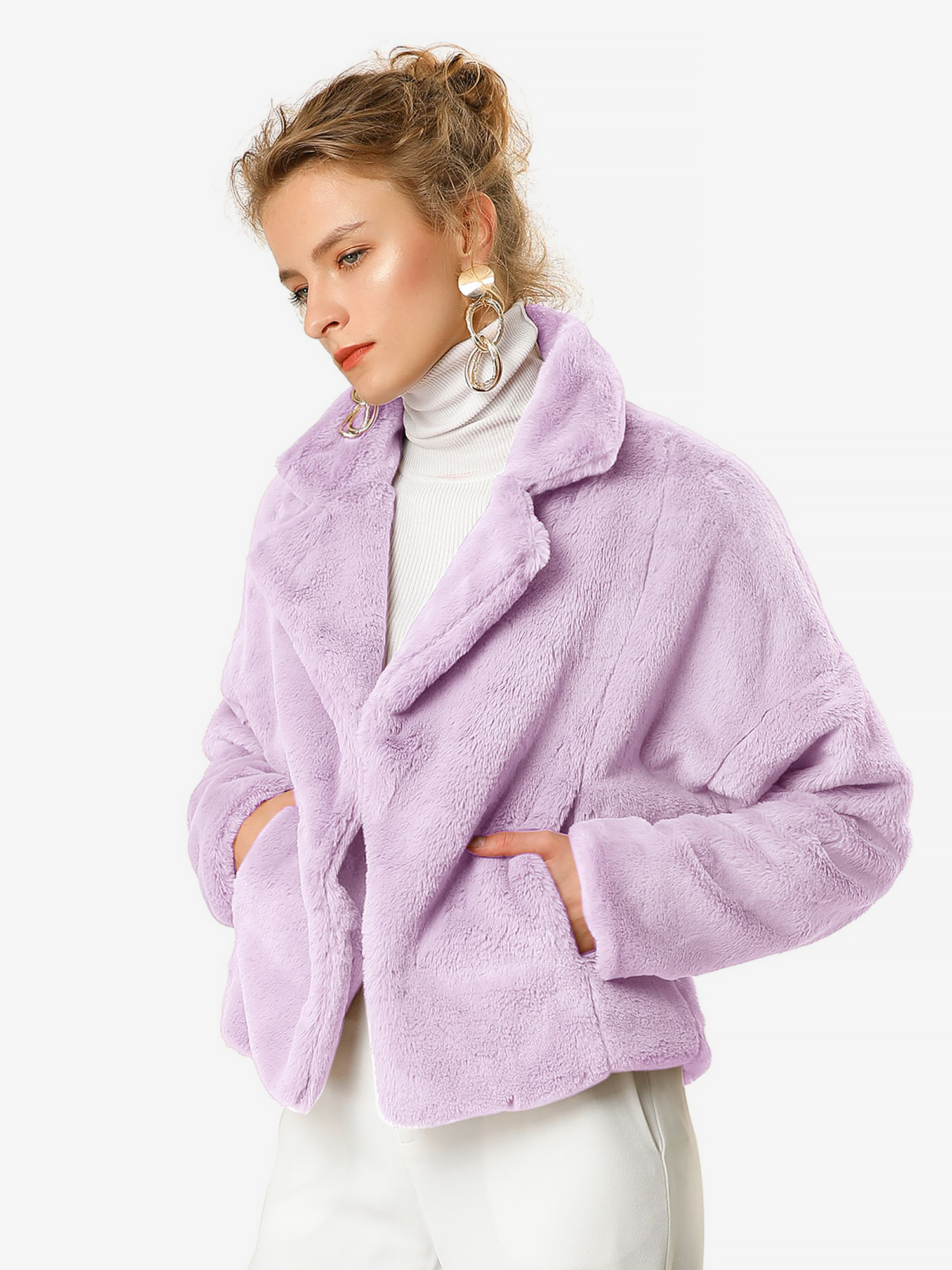 Allegra K Cropped Jacket Notch Lapel Faux Fur Fluffy Coat Taro Purple/L