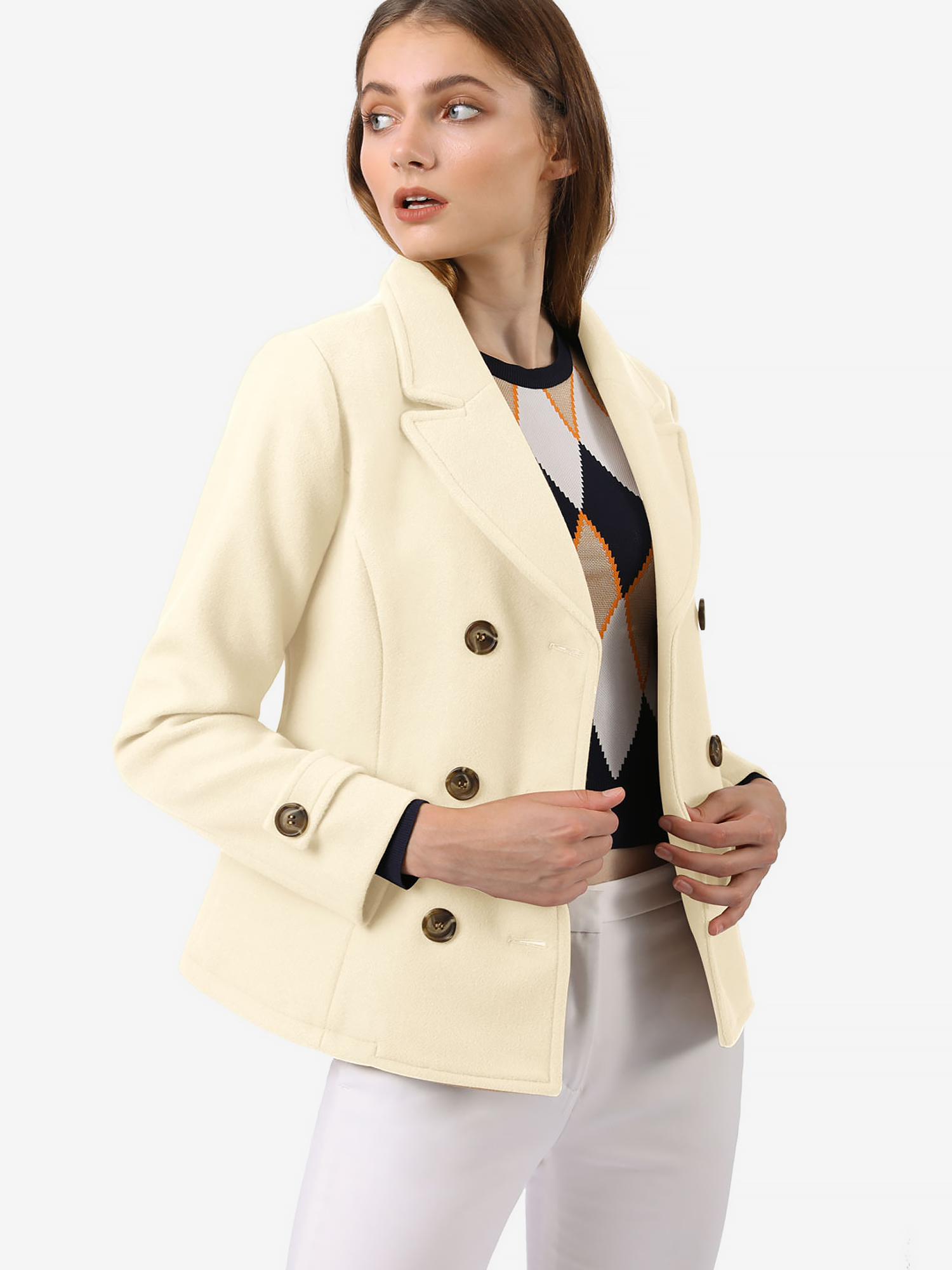 Winter Notched Lapel Double Breasted Short Pea Coat Beige/XL