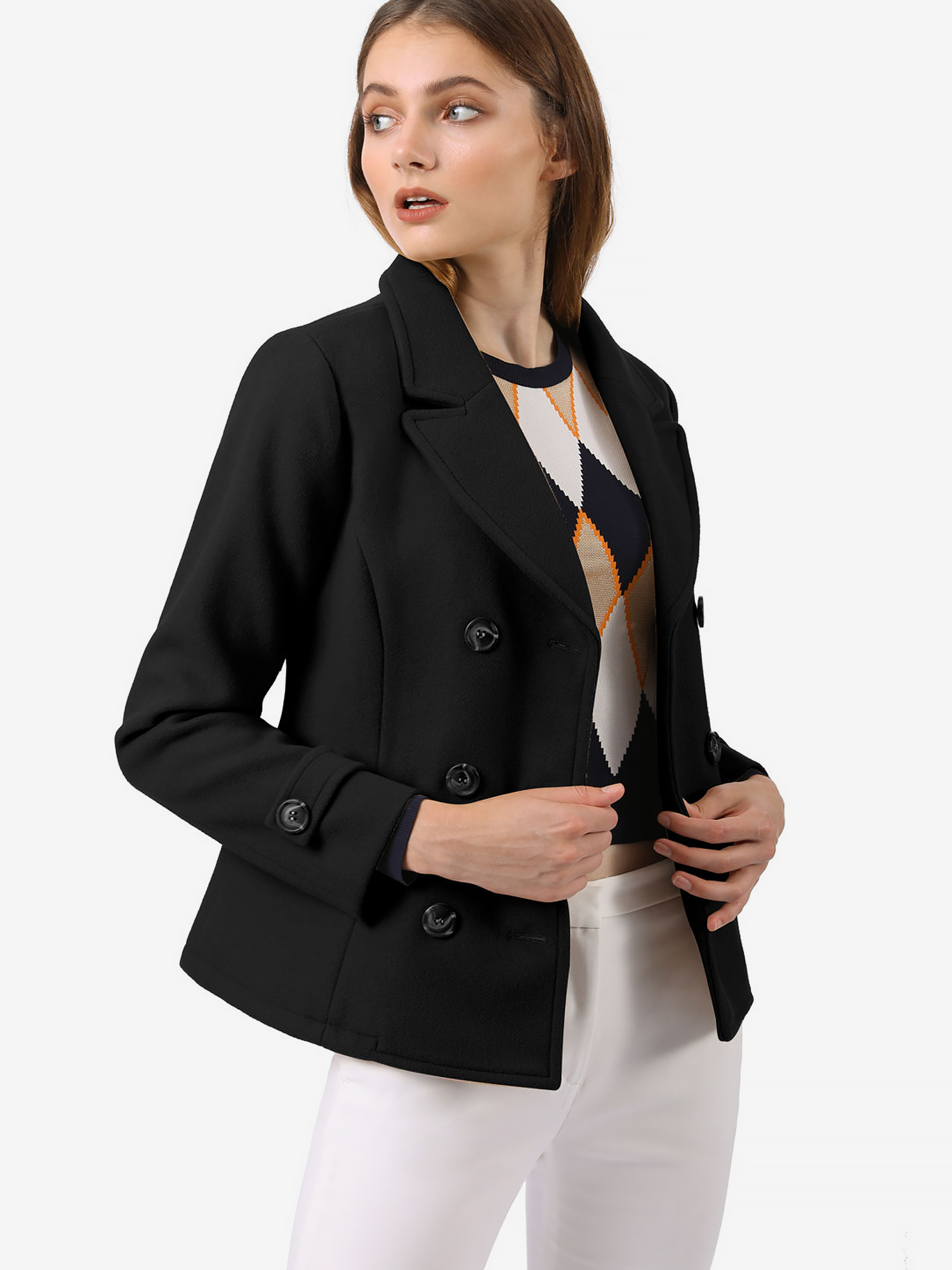 Winter Notched Lapel Double Breasted Short Pea Coat Black/L