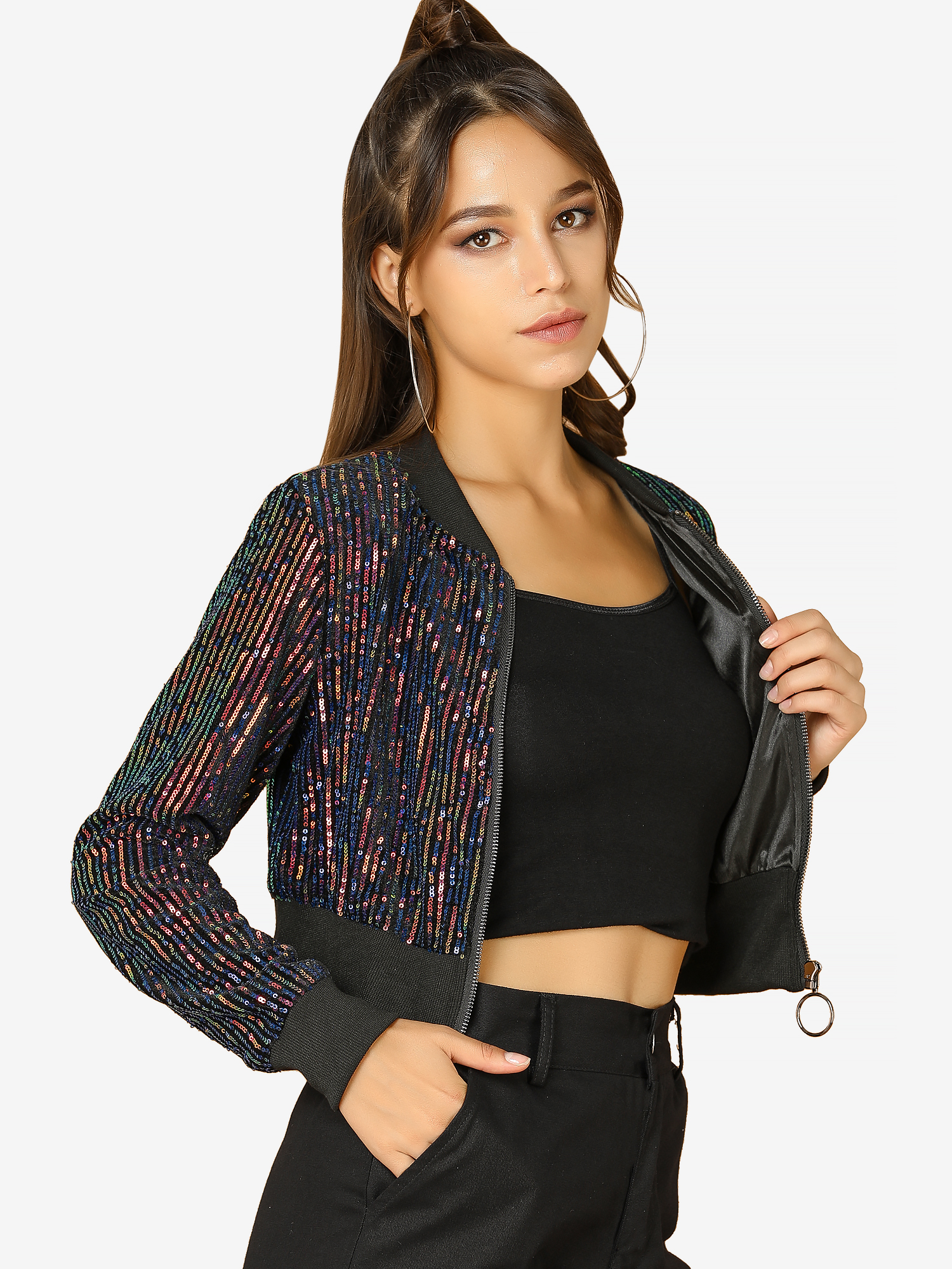Sparkly Glitter Zipper Front Crop Sequin Bomber Jacket Black-Red/L
