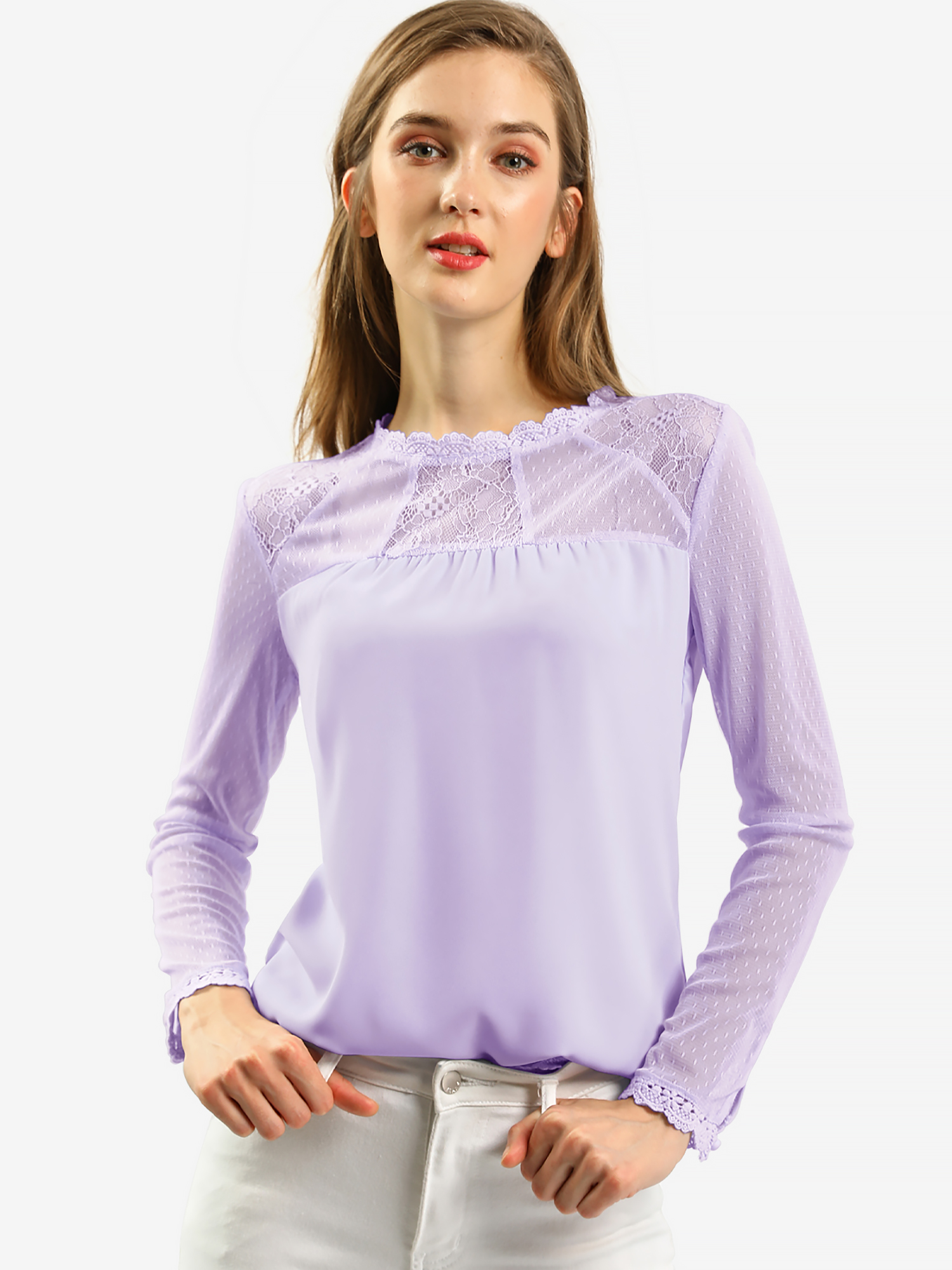 Lace Mesh Long Sleeve Round Neck Casual Elegant Blouse Light Purple/S