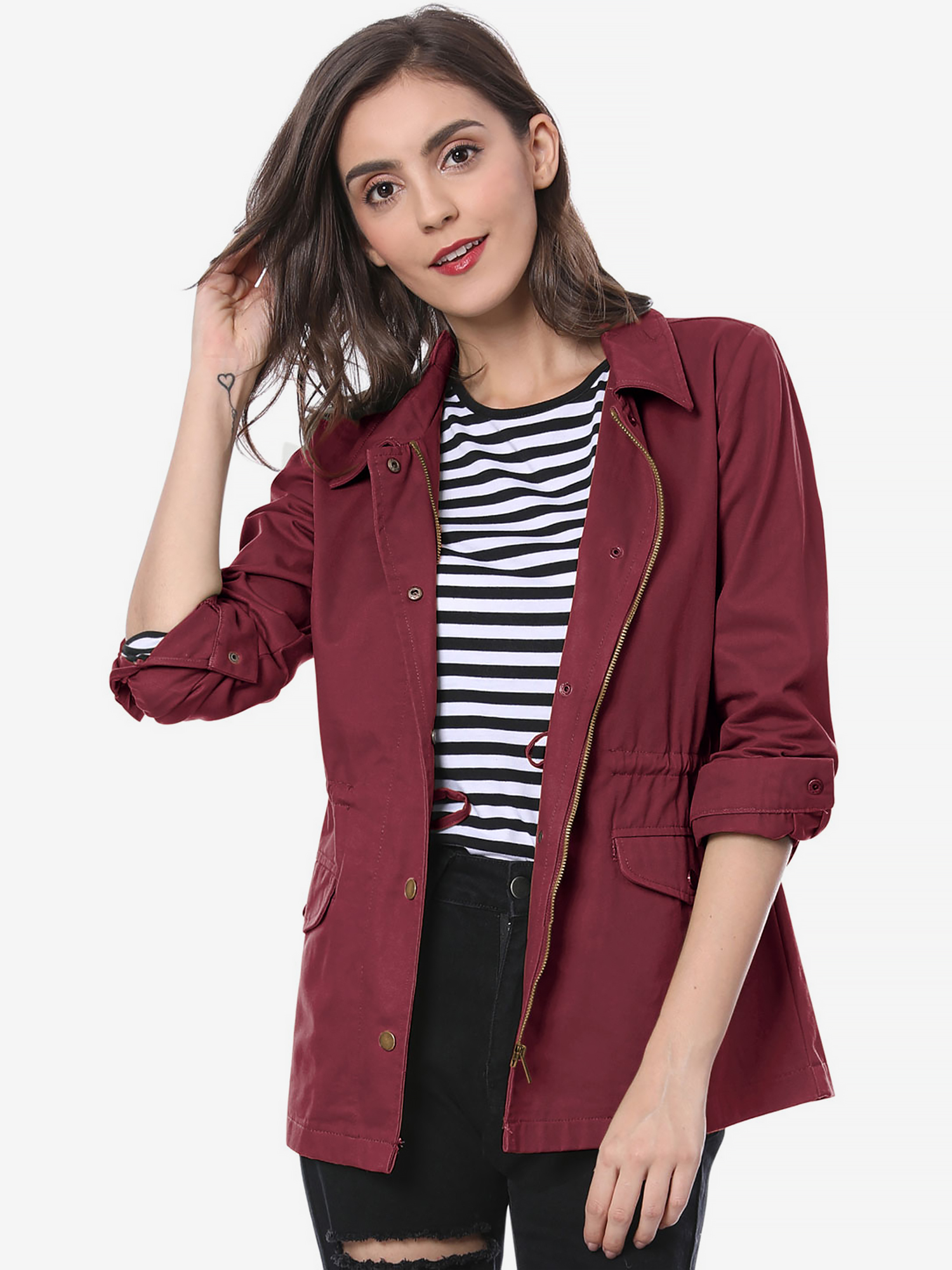 Drawstring Waist Flap Pocket Lightweight Utility Safari Jacket Burgundy/L