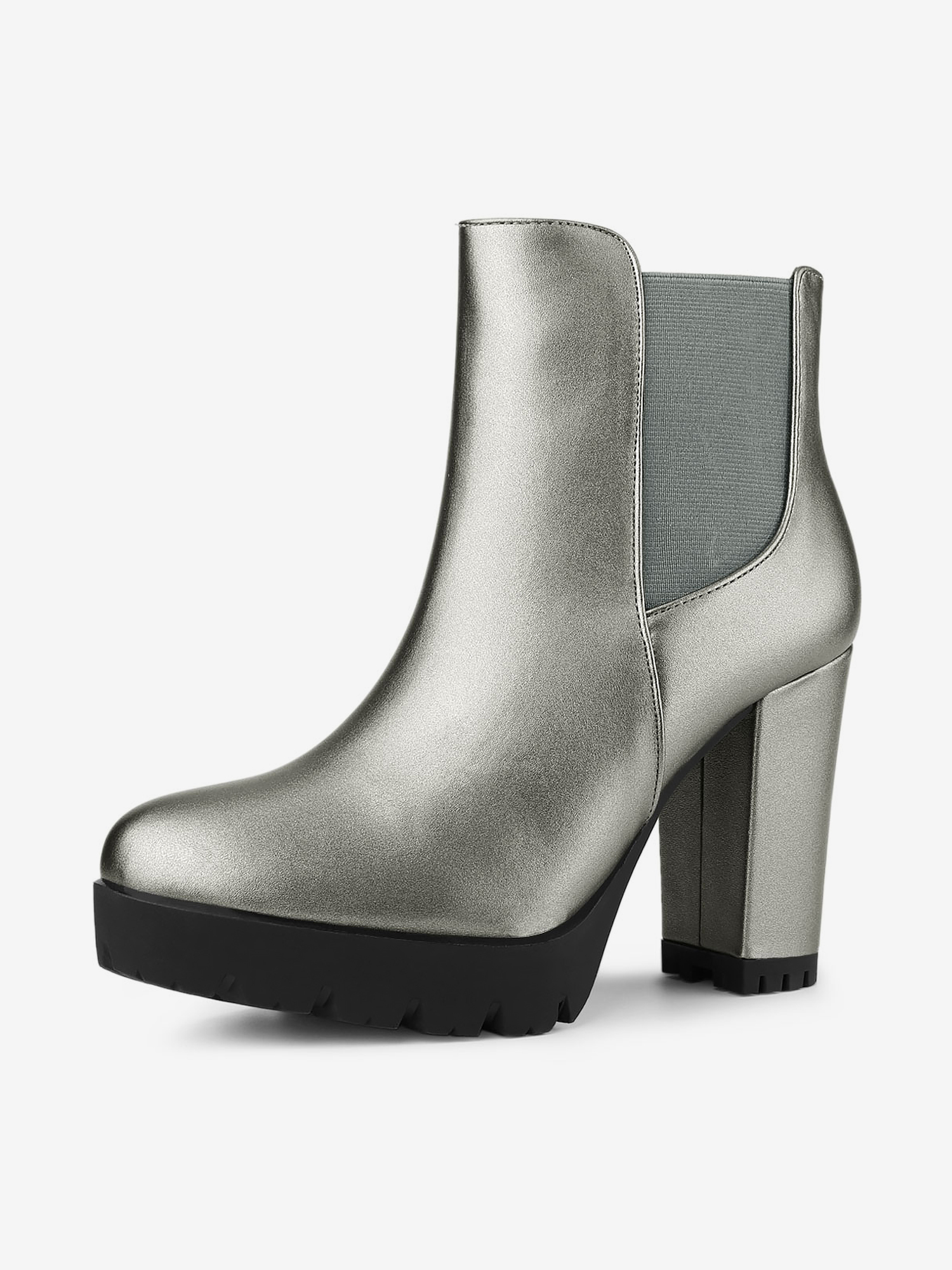 Round Toe Zipper Block Heel Platform Ankle Boots Silver Grey/6.5