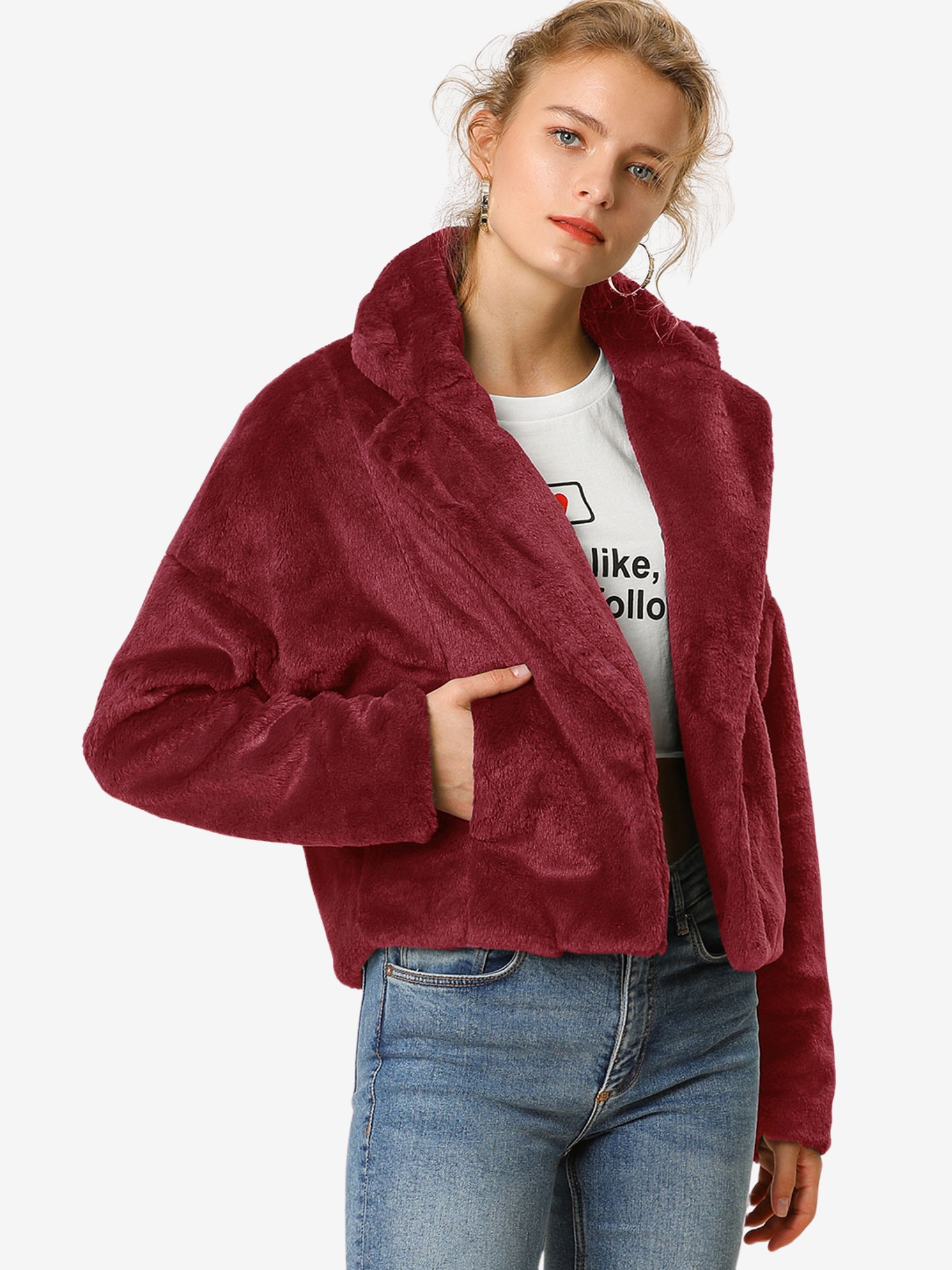 Allegra K Cropped Jacket Notch Lapel Faux Fur Fluffy Coat Burgundy/XS