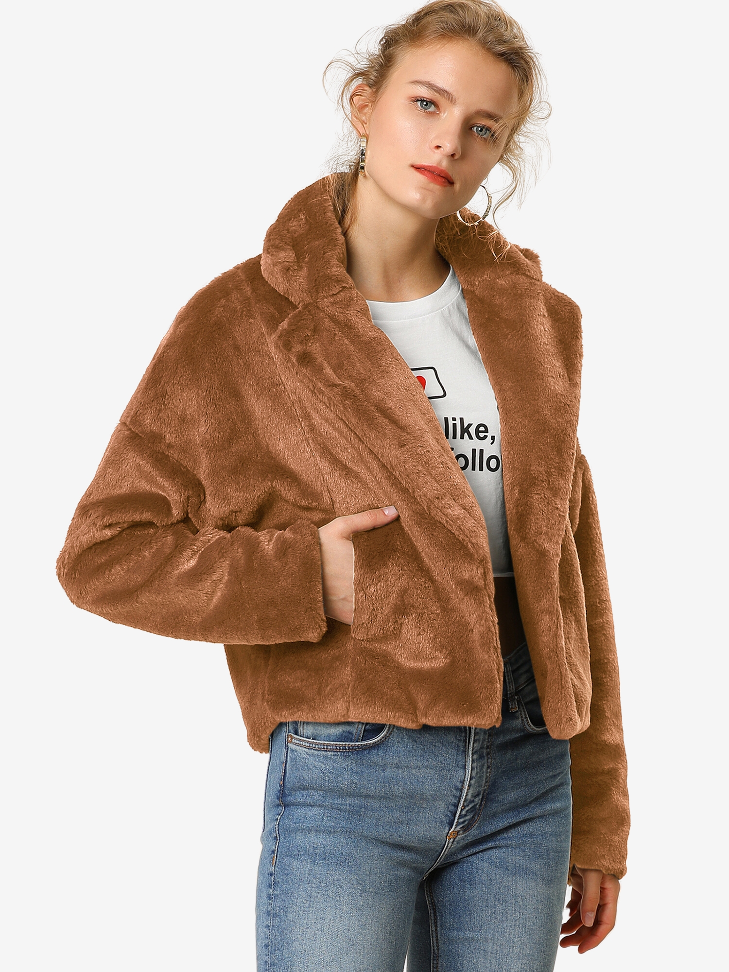 Allegra K Cropped Jacket Notch Lapel Faux Fur Fluffy Coat Caramel/M