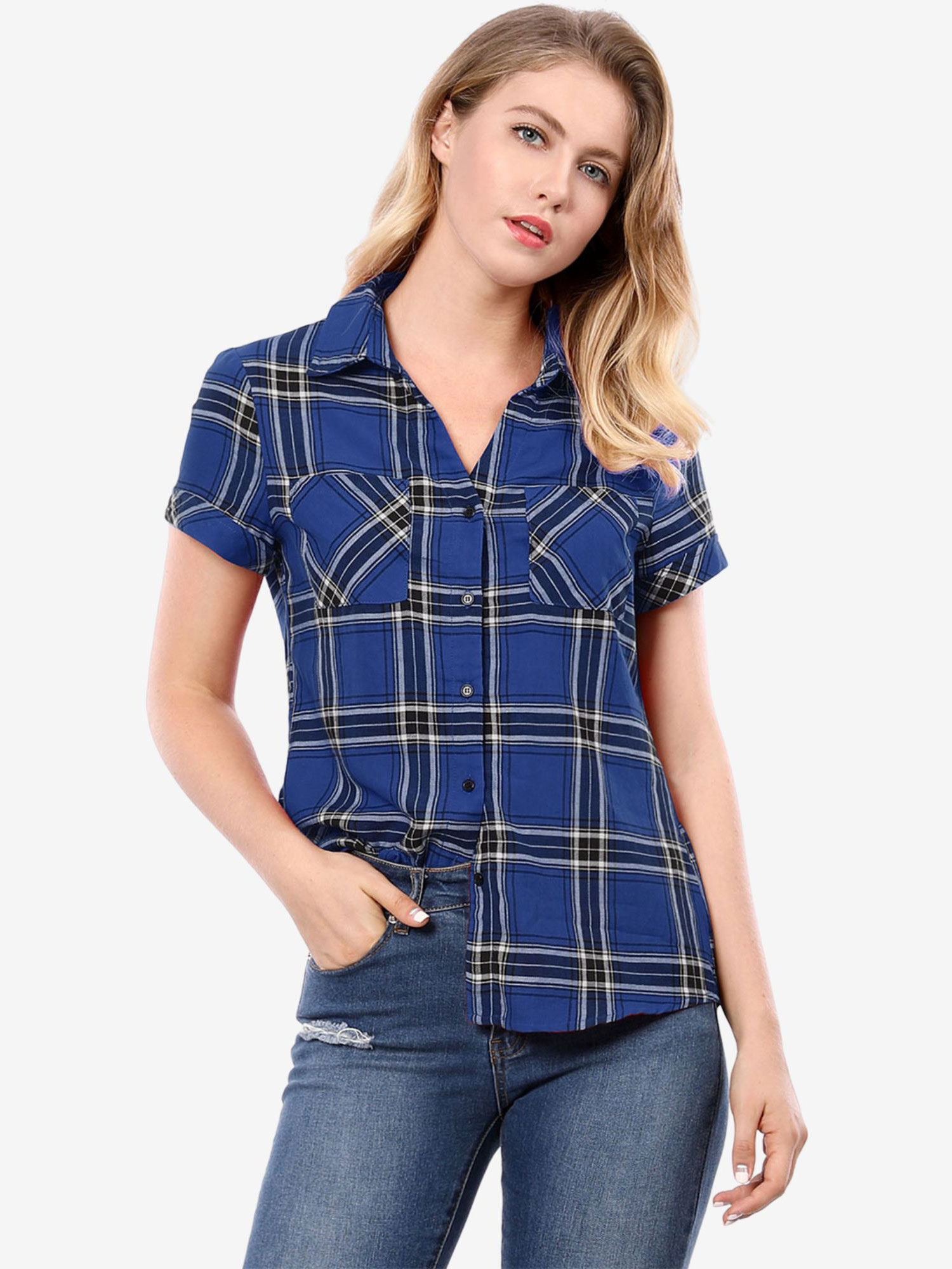Classic Button Down Plaid Short Sleeve Shirt Blue/XL