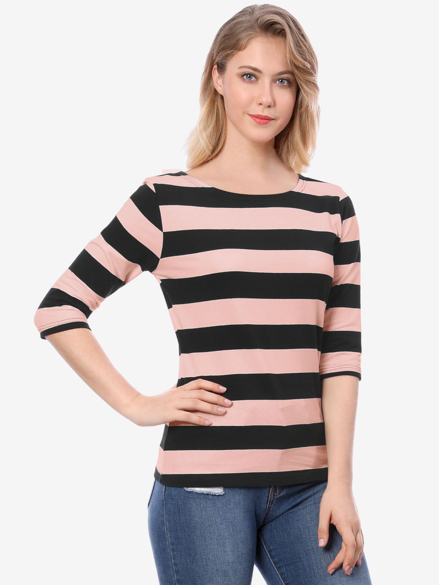 Halloween 3/4 Sleeve T-shirt Casual Boat Neck Slim Fit Tee Pink Black/XL