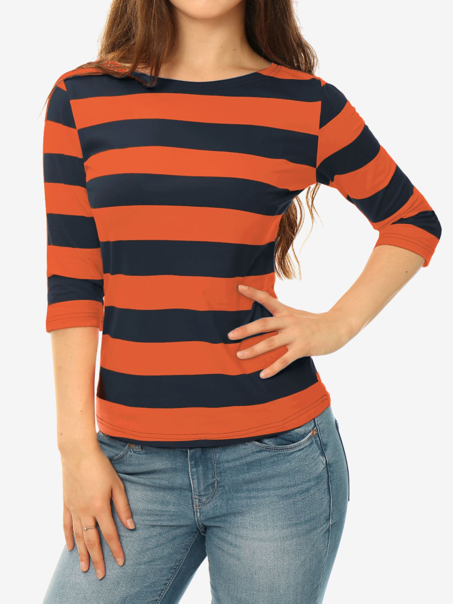 Striped 3/4 Sleeve Casual Basic Boat Neck T-shirt Orange Navy/XL