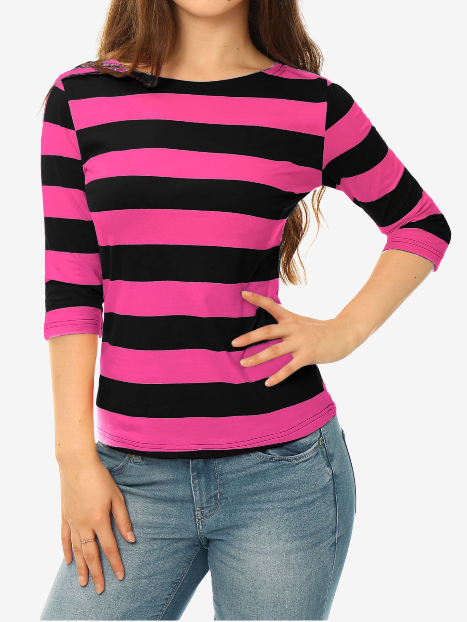 Striped 3/4 Sleeve Casual Basic Boat Neck T-shirt Fuchsia Black/XS