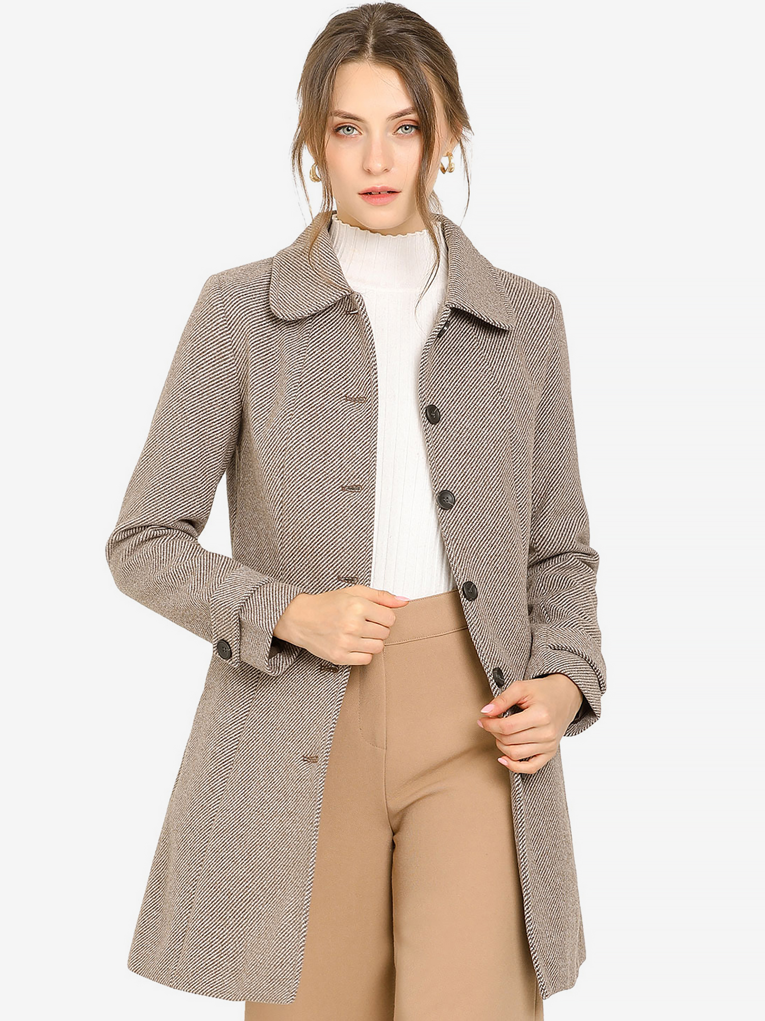 Peter Pan Collar Single Breasted Overcoat Winter Pea Coat Brown/S