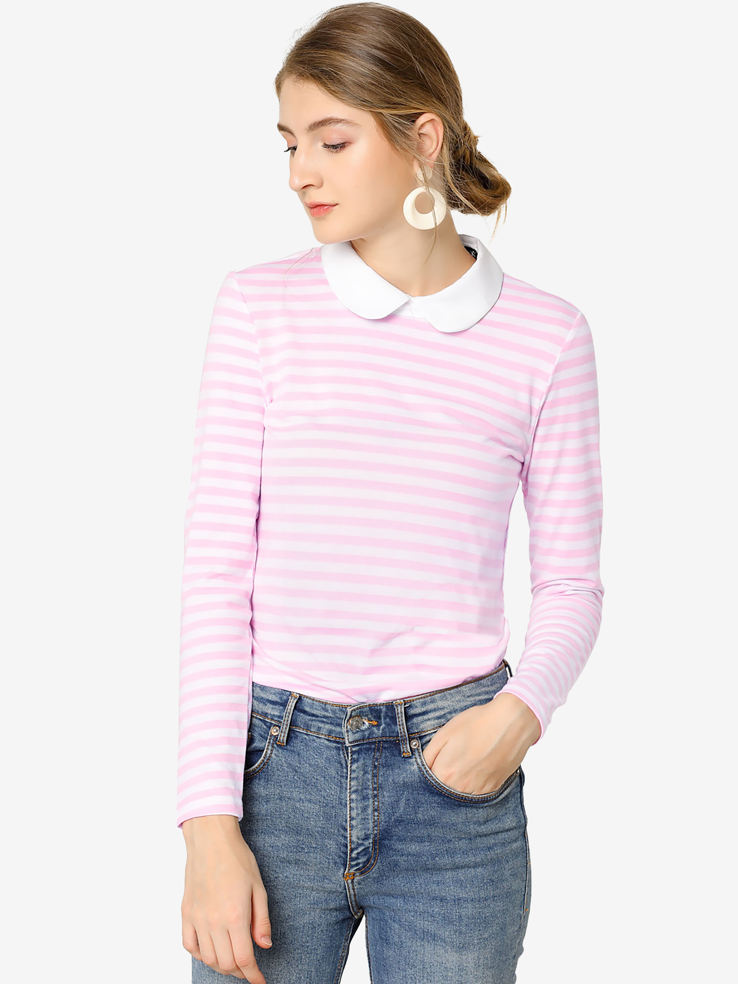 Contrast Collar Long Sleeve Peter Pan Collar Striped Blouse Pink/XS