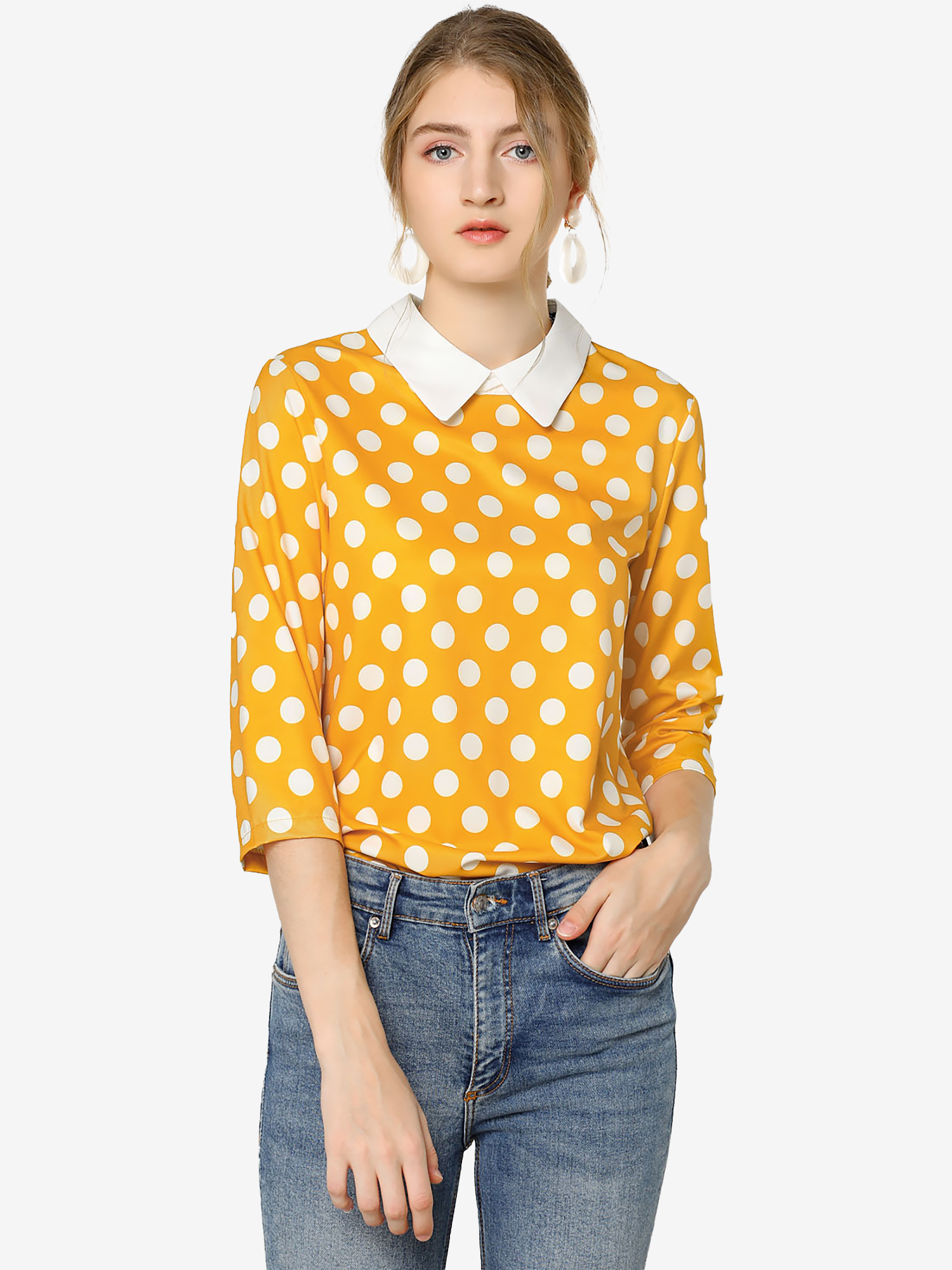 Polka Dots Contrast Peter Pan Collar Top 3/4 Sleeve Blouse Shirt Yellow/XL