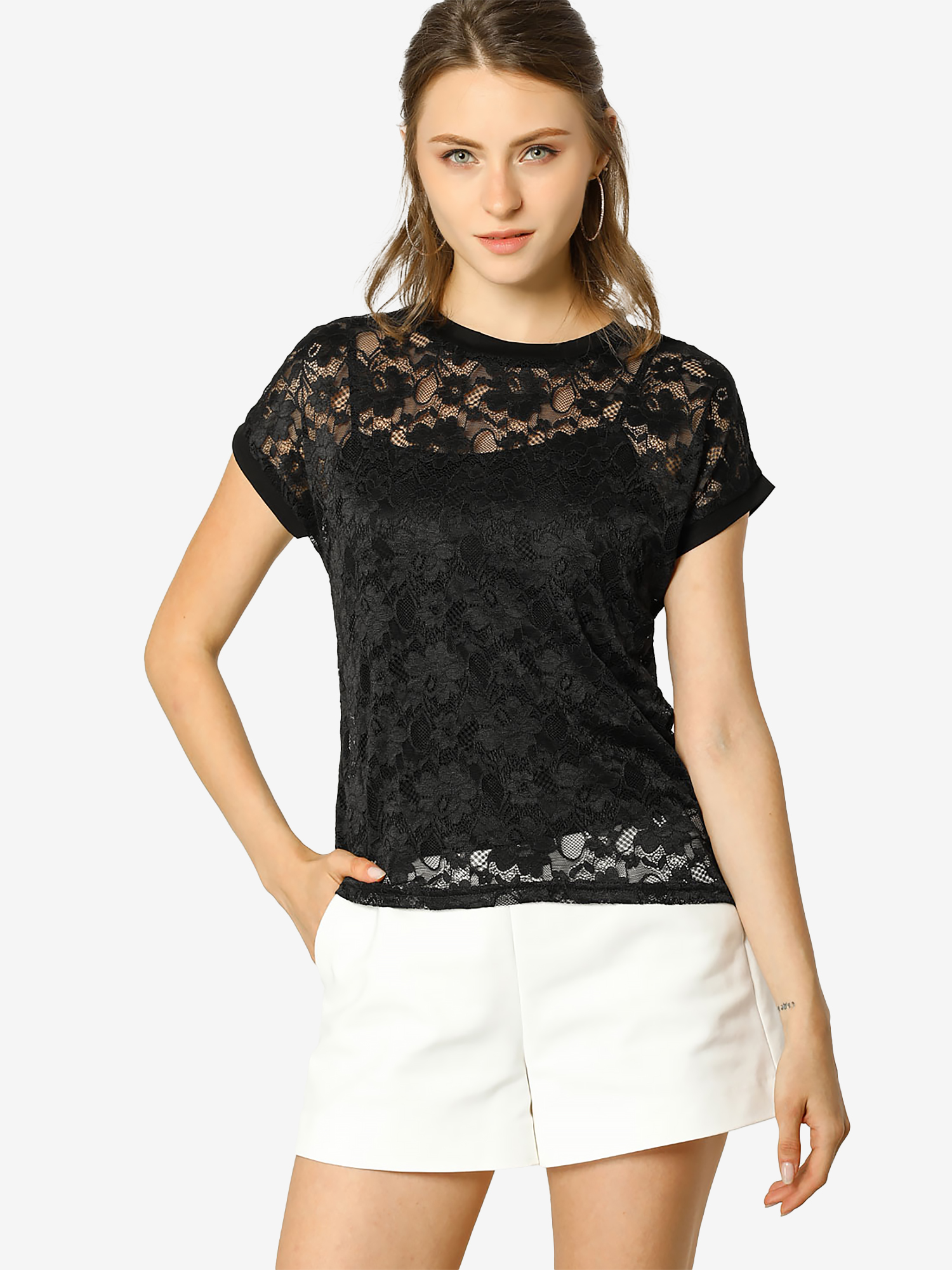 Lace Floral Curved Hem Short Sleeve See Through Blouse Black/S