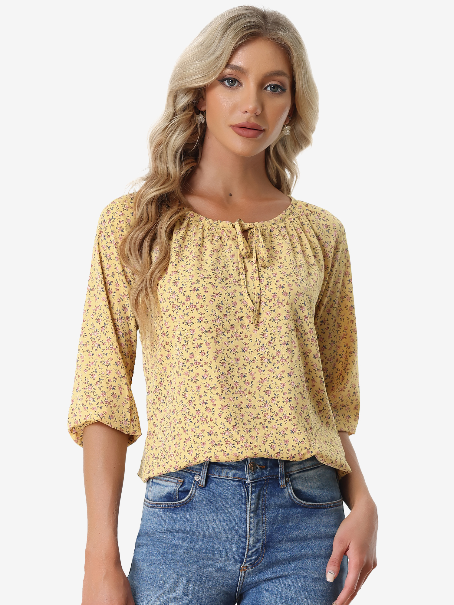 Bow Tie Neck 3/4 Raglan Sleeve Floral Blouse Tops Yellow/XS