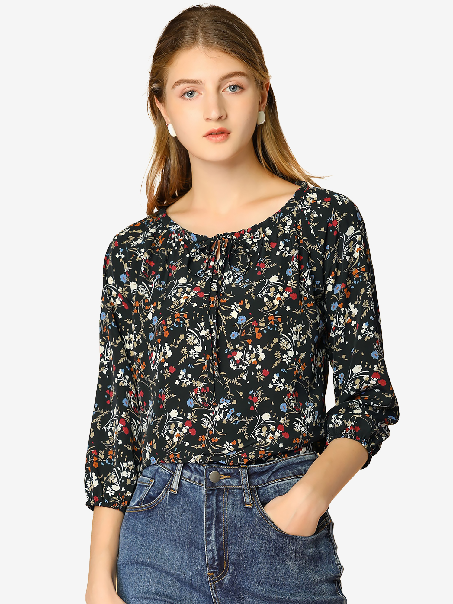 Bow Tie Neck 3/4 Raglan Sleeve Floral Blouse Tops Blacks/XS