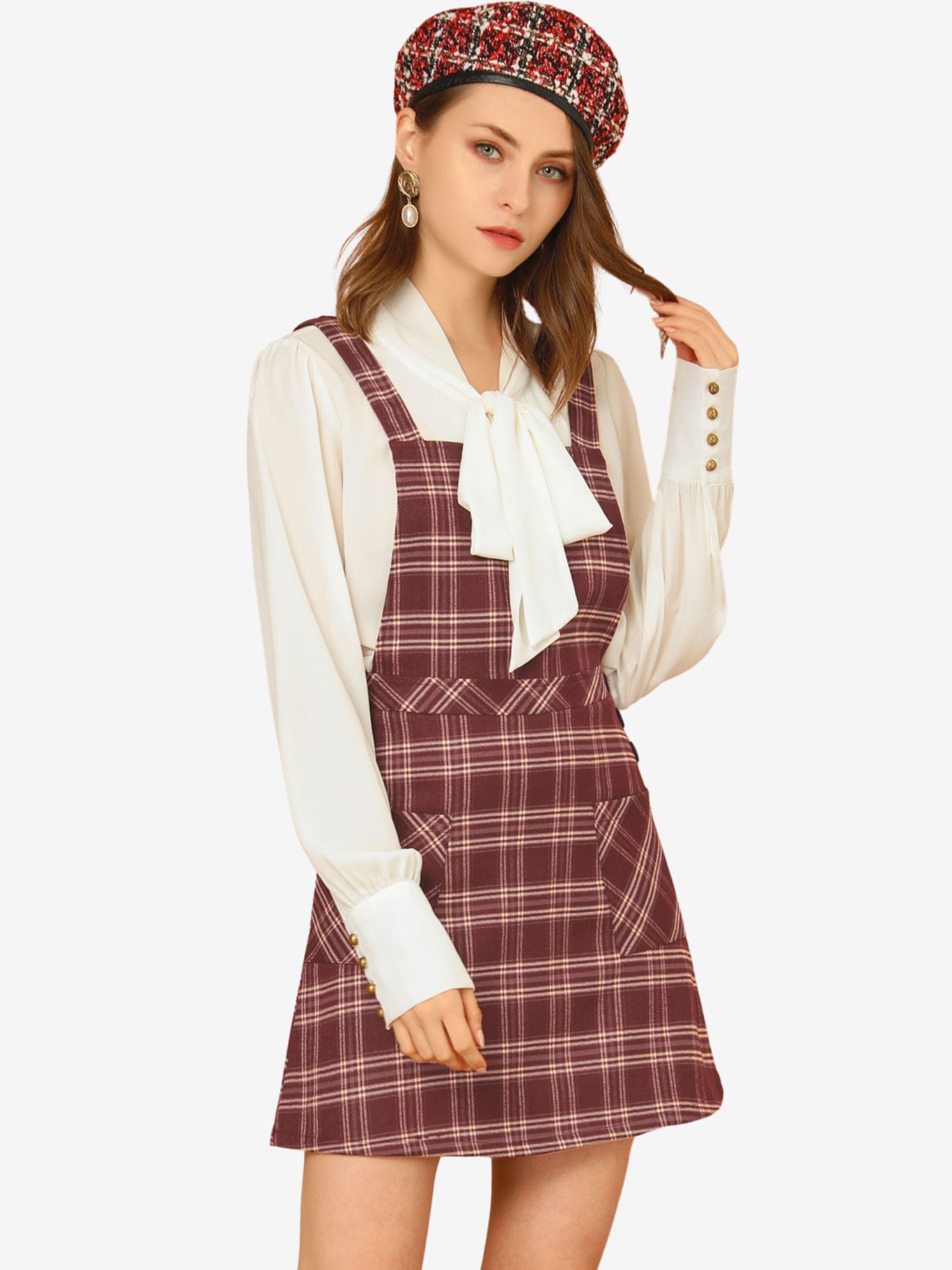 Plaid Tartan Button Decor A-Line Pinafore Overall Dress Burgundy/XS