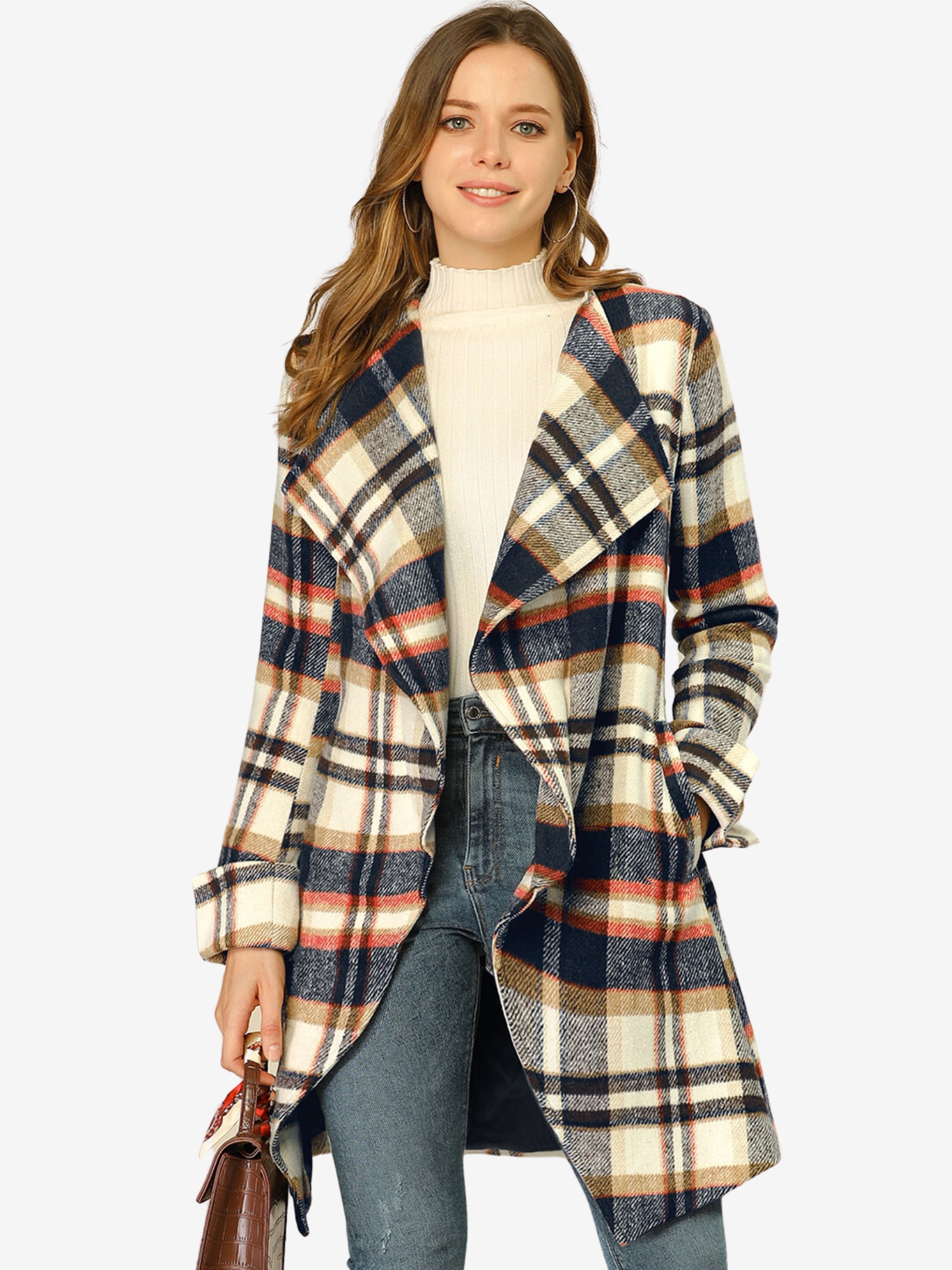 Belted Wrap Outerwear Shawl Collar Asymmetric Hem Plaid Coat Brown Blue/L