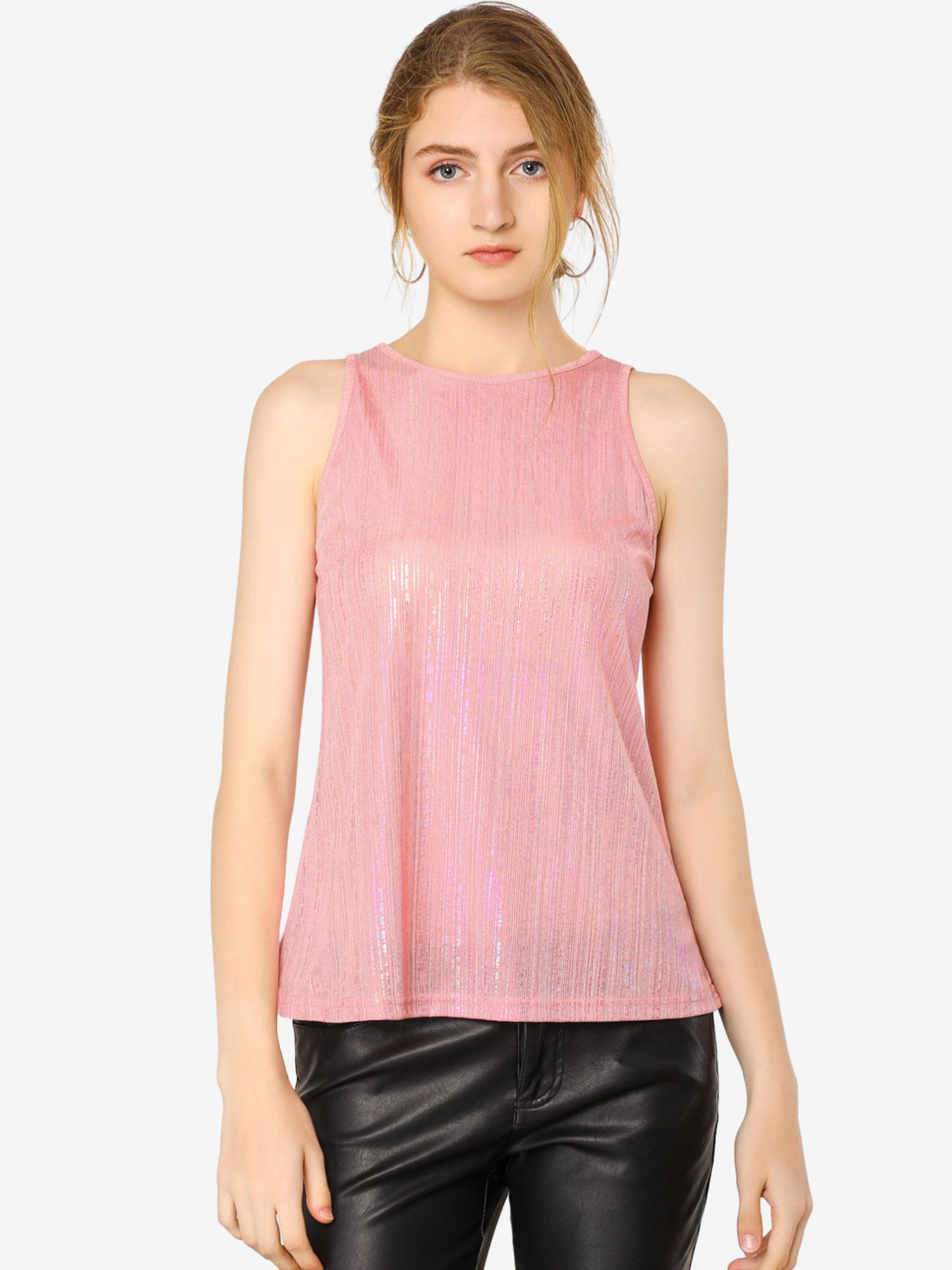 Shiny Sleeveless Camisole Club Shimmer Metallic Tank Top Pink/M