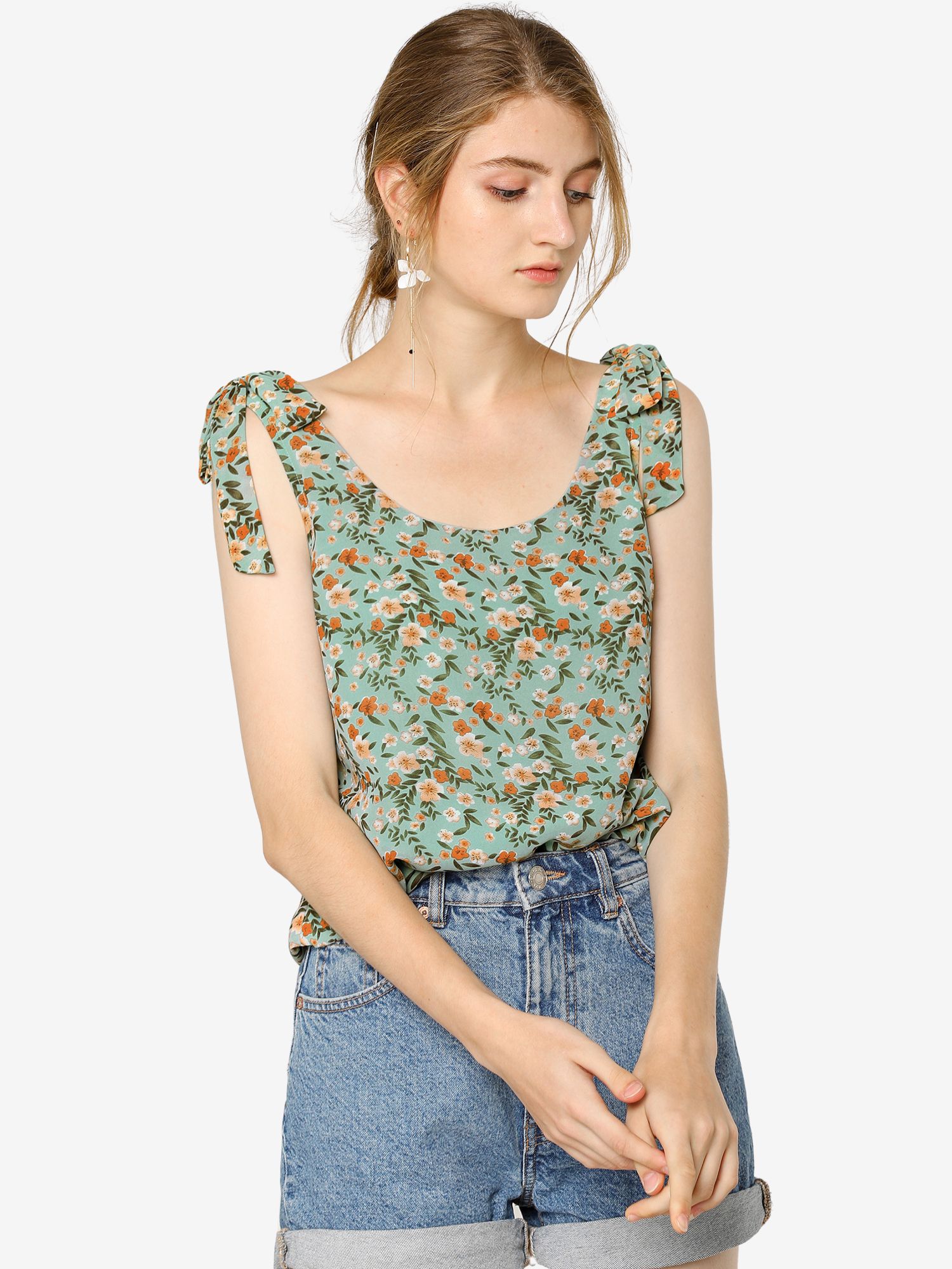 Boho Floral Print Casual Chiffon Tie Shoulders Tank Top Green/L