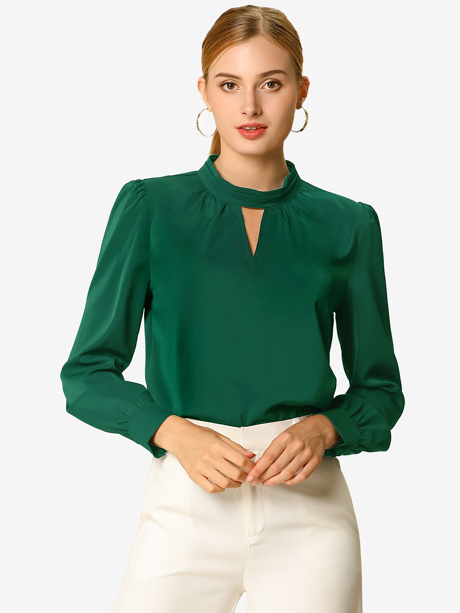 Keyhole Elegant Stand Collar Long Sleeve Chiffon Office Blouse Green/S