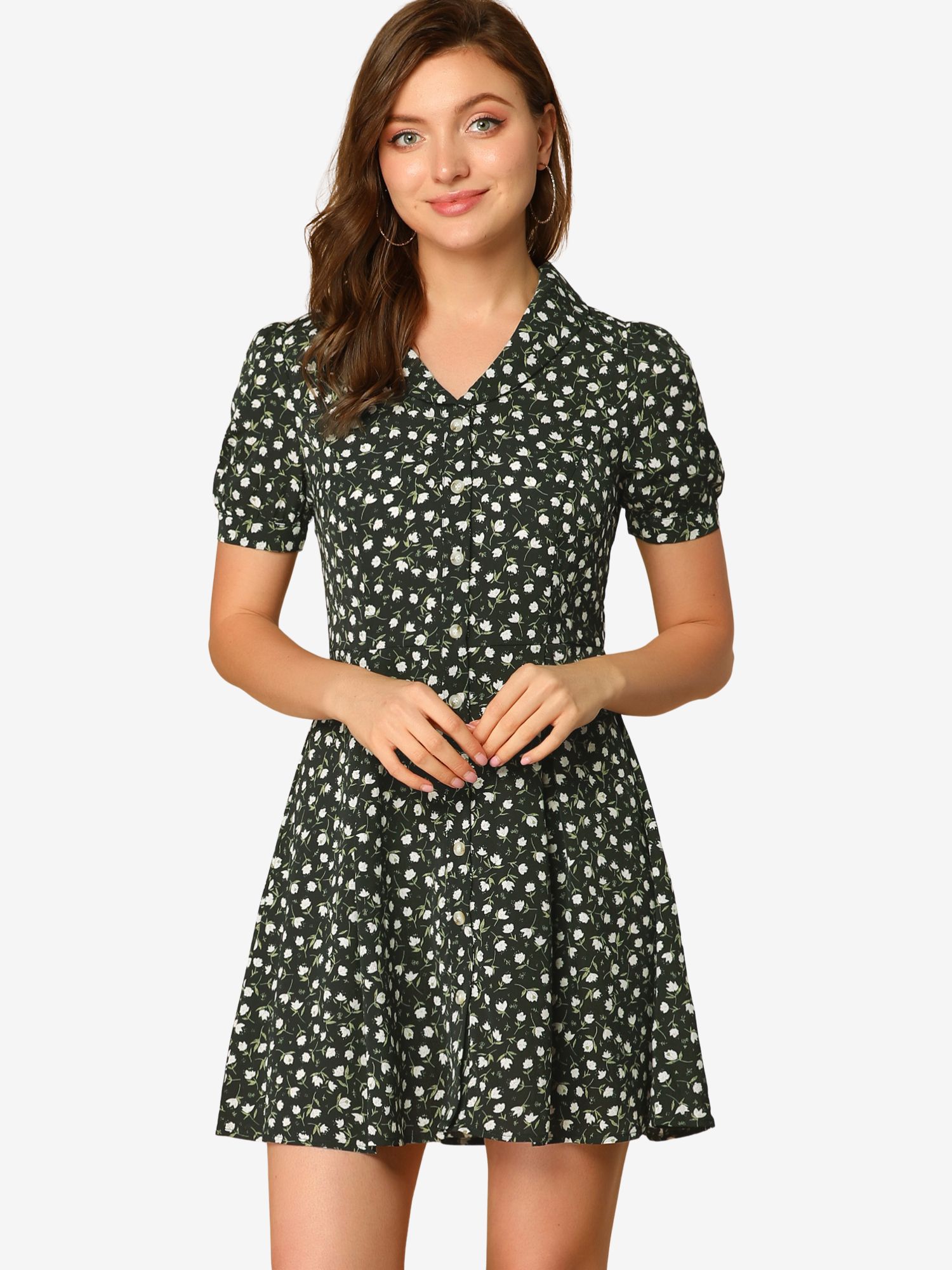 Floral V Neck Short Sleeve Button Front Summer Shirt Dress Black/M
