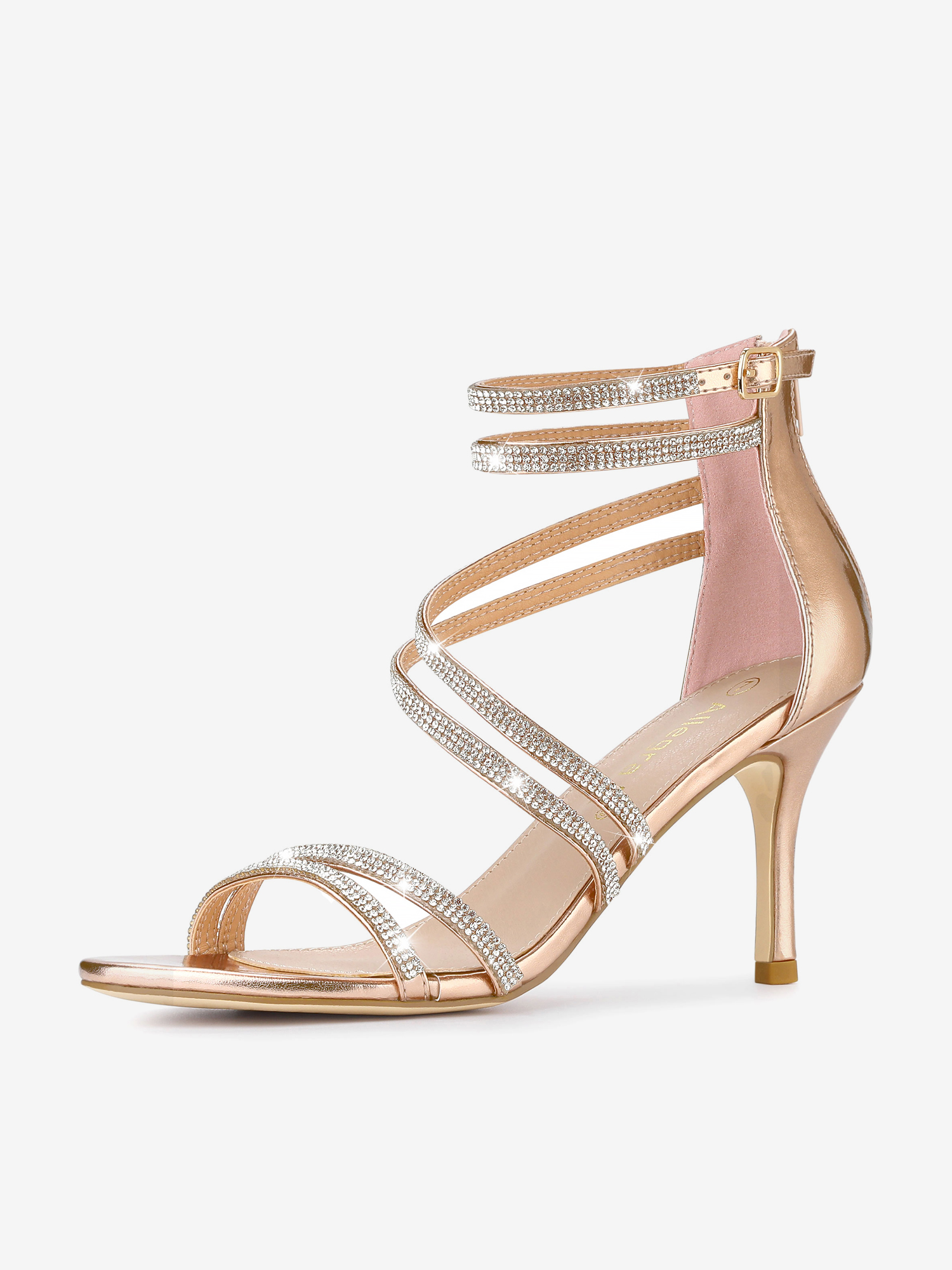 Ankle Strap Rhinestone Stiletto Heel Sandals Rose Gold/8