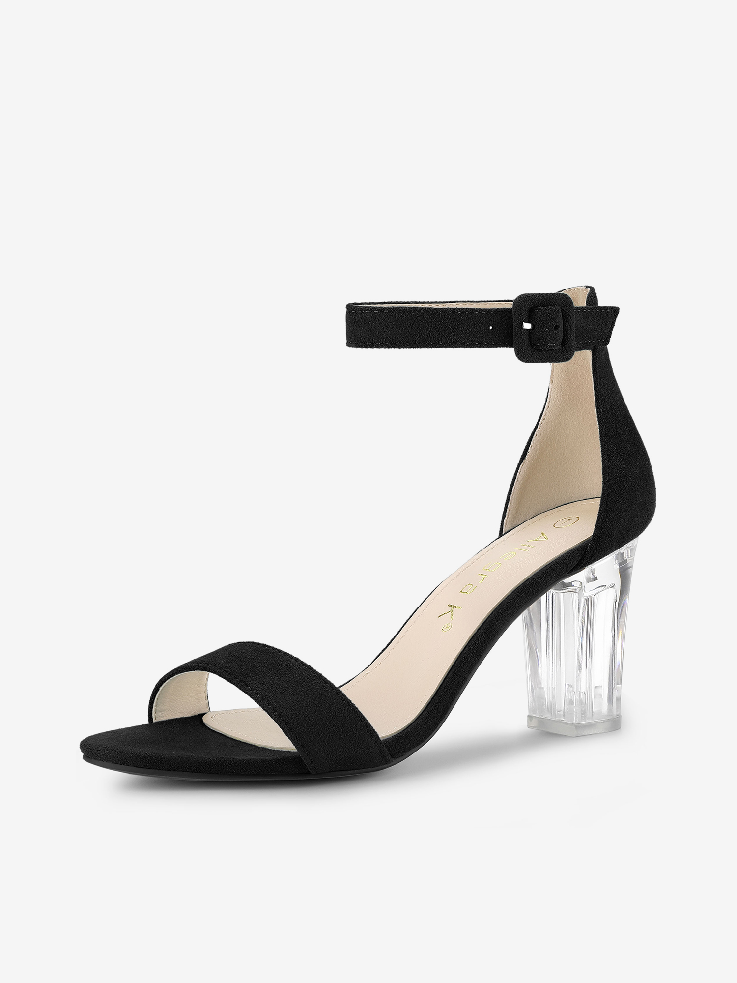 Faux Suede Open Toe Ankle Strap Clear Chunky Heel Sandals Black/10