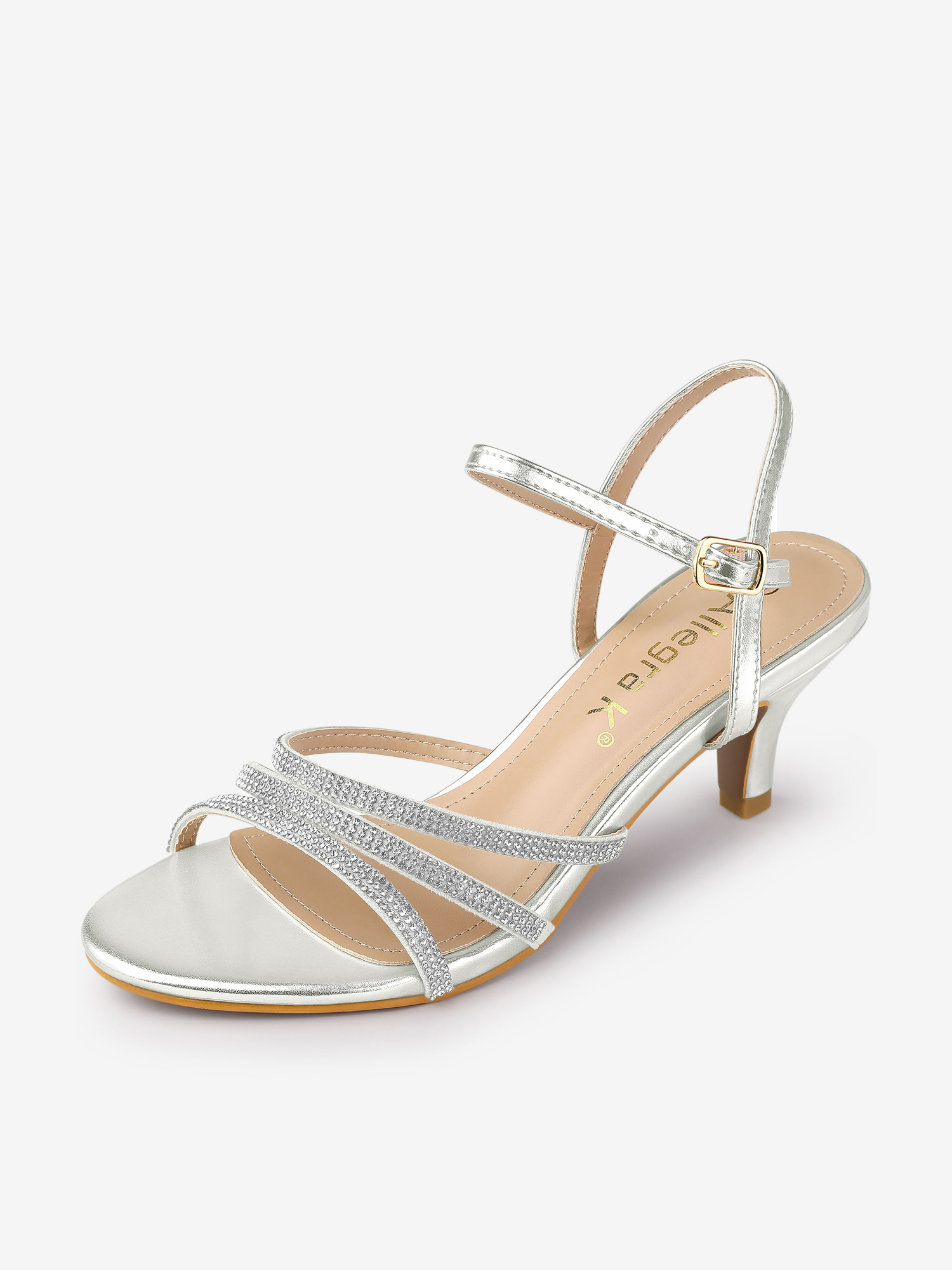 Ankle Strap Rhinestone Round Toe Kitten Heel Sandals Silver/7