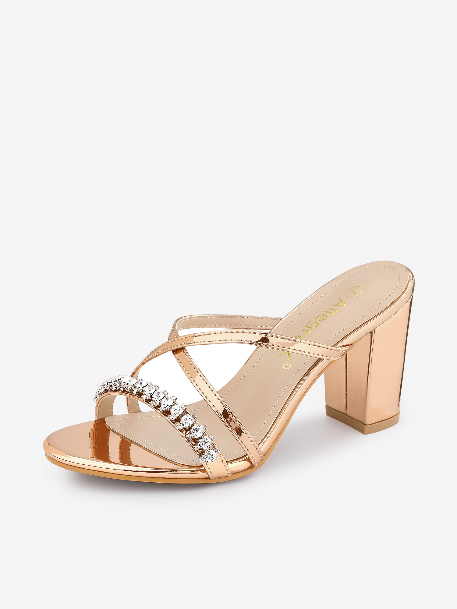 Crisscross Strap Open Toe Rhinestone Block Heel Slide Sandals Rose Gold/6.5