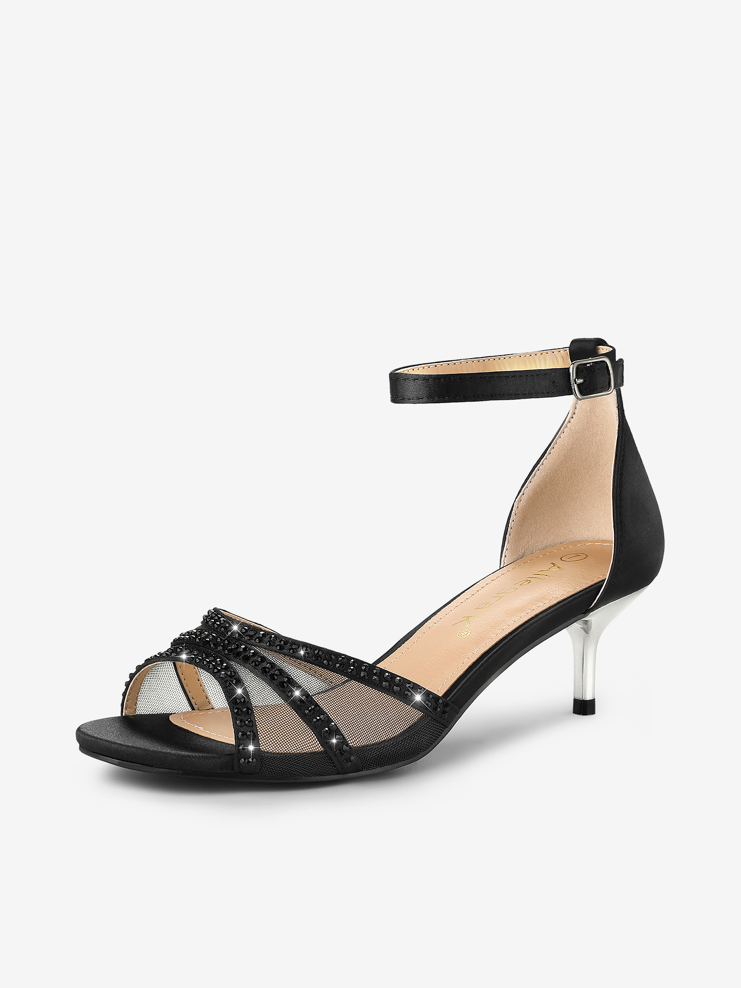 Satin Rhinestone Mesh Kitten Heel Ankle Strap Sandals Black/6