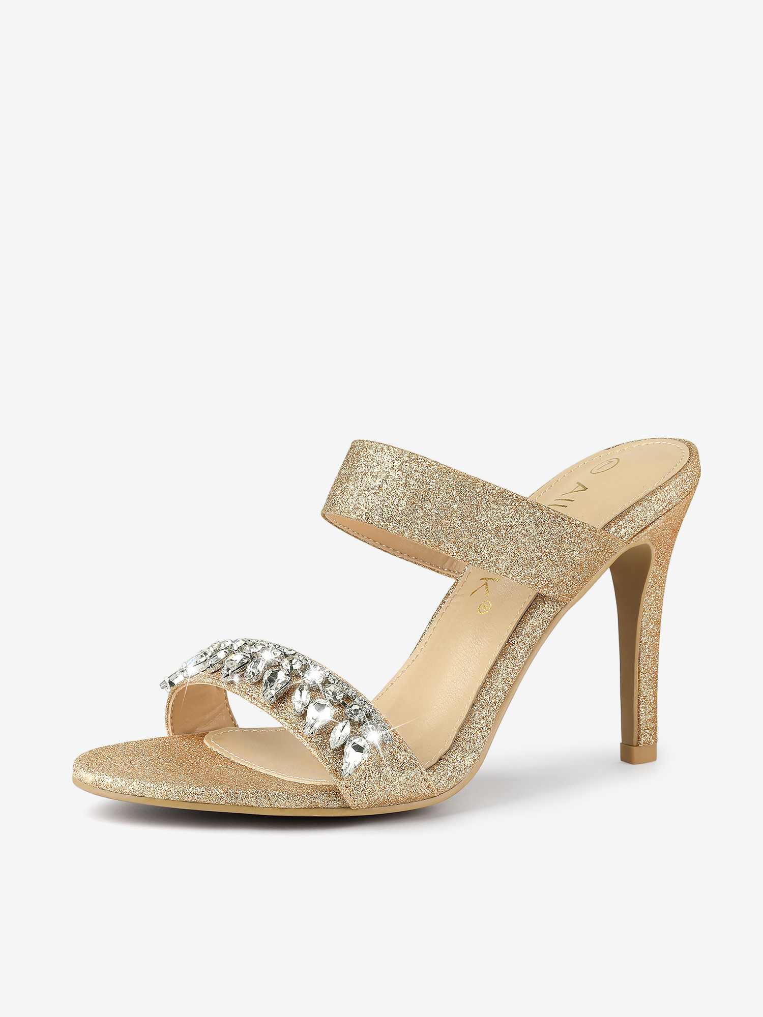 Open Toe Glitter Rhinestone Decor Stiletto Heel Sandals Gold/9