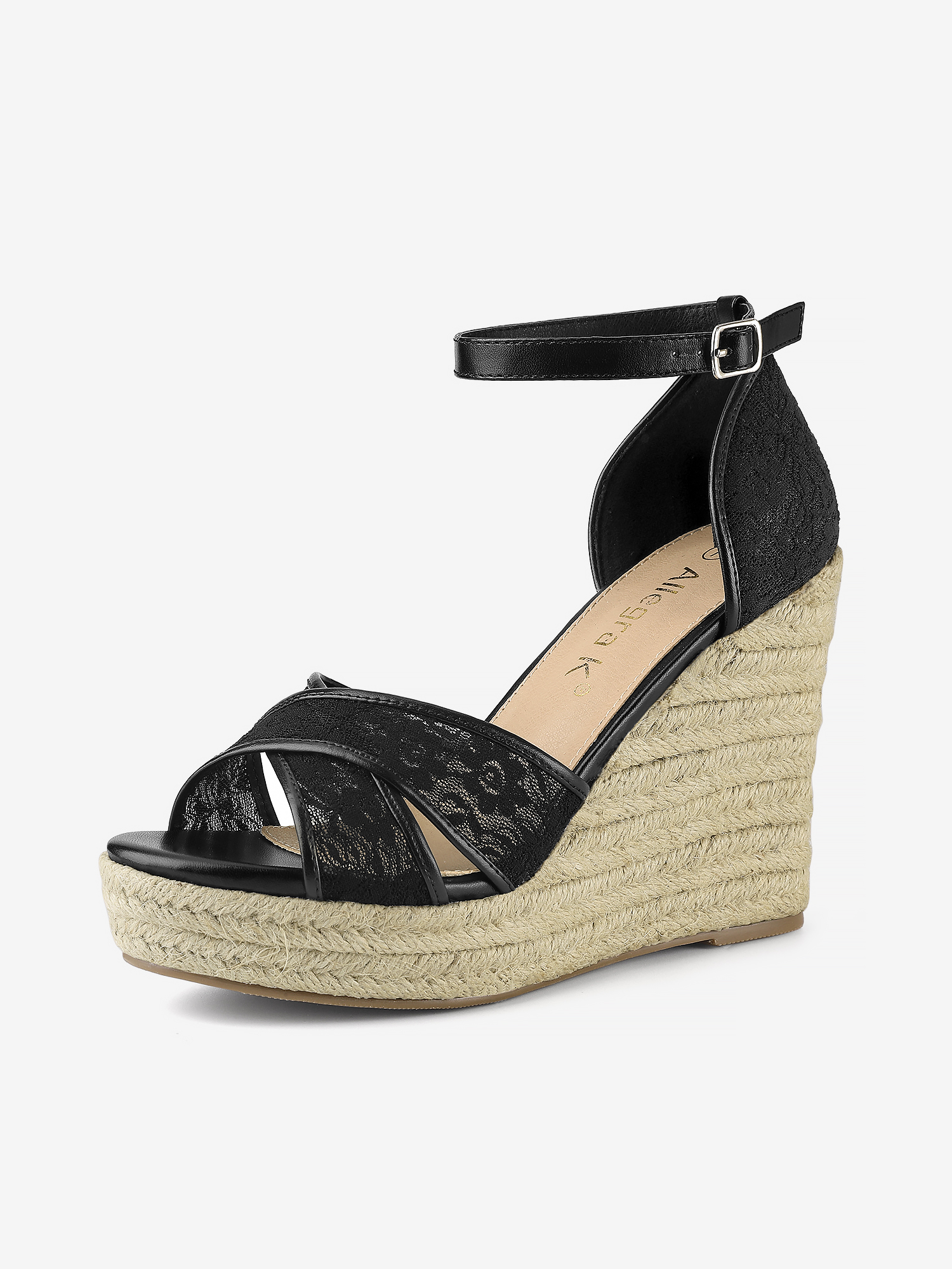 Lace Strapy Round Toe Espadrilles Wedges Sandals Black/8