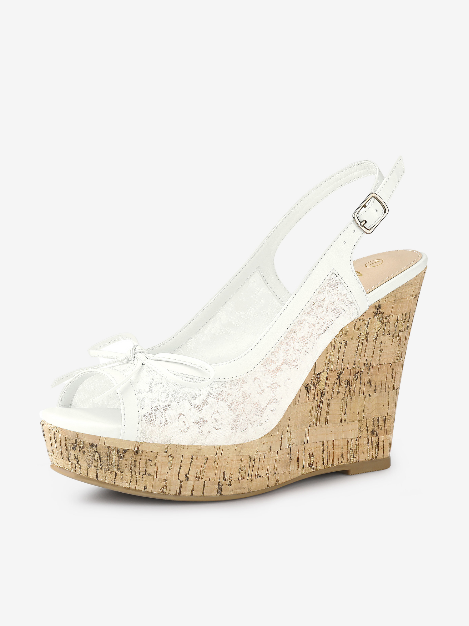 Lace Open Toe Platform Wedge Heel Bow Decor Sandals White/8